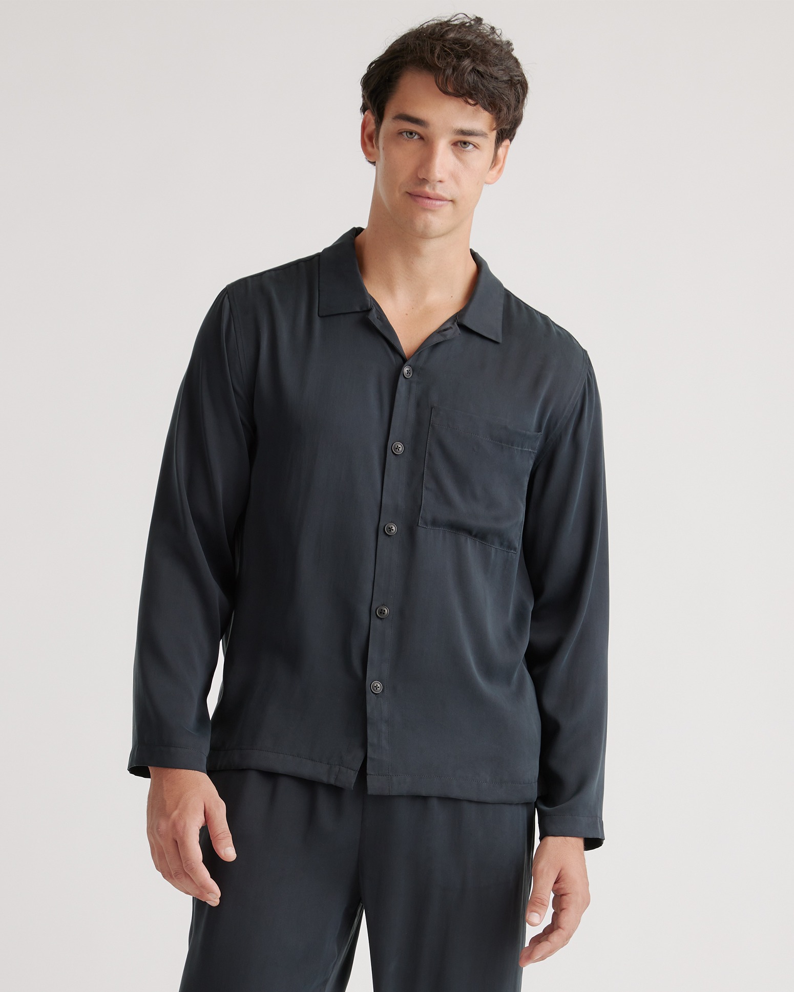 Black 100% Washable Silk Button Down Pant Set