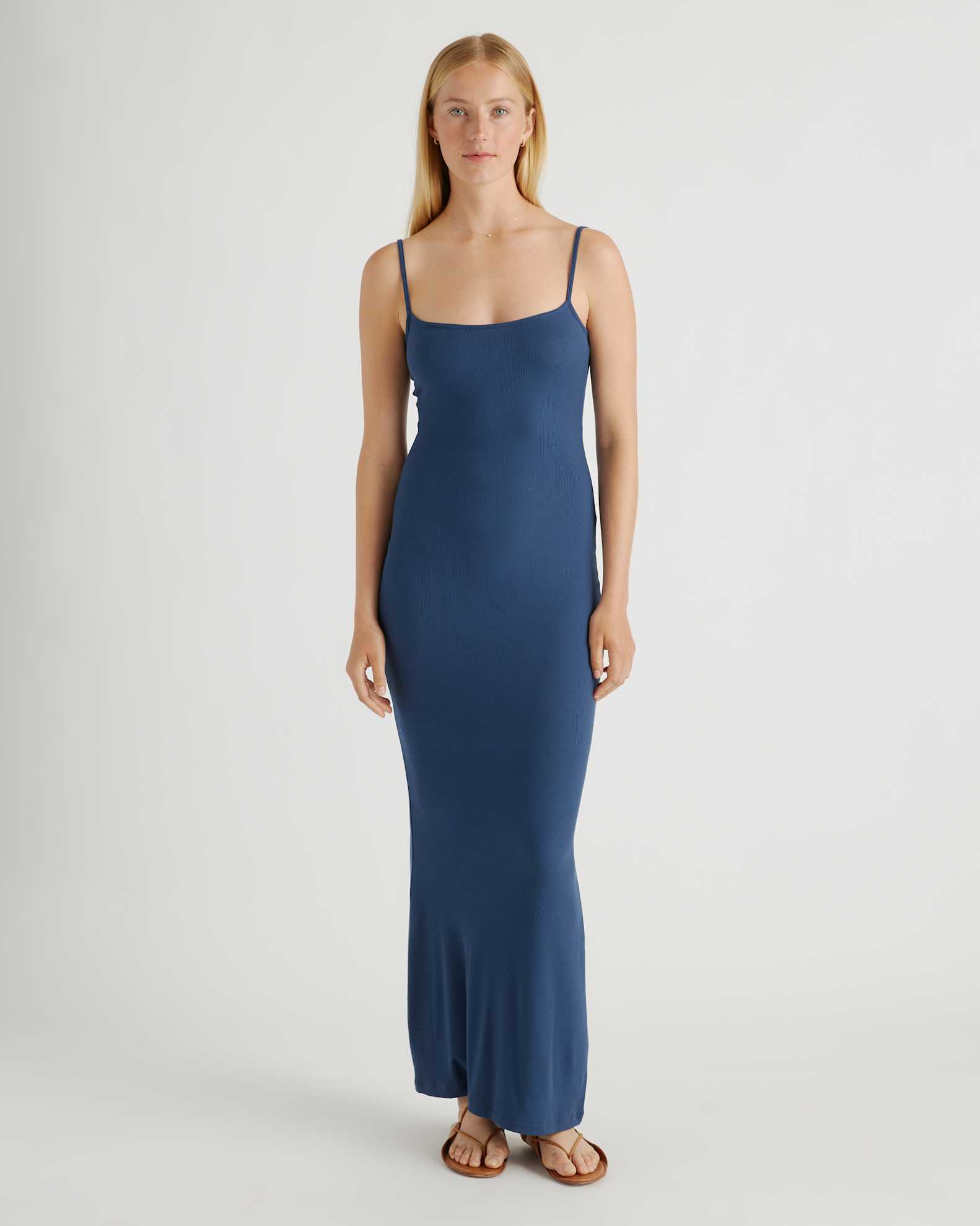 Quince Women's Tencel Rib Knit Maxi Slip Dress, Navy, Size XS, Cotton/Modal Blend, Body-Hugging Fit Quince Women's Tencel Rib Knit Maxi Slip Dress, Navy, Size XS, Cotton/Modal Blend, Body-Hugging Fit