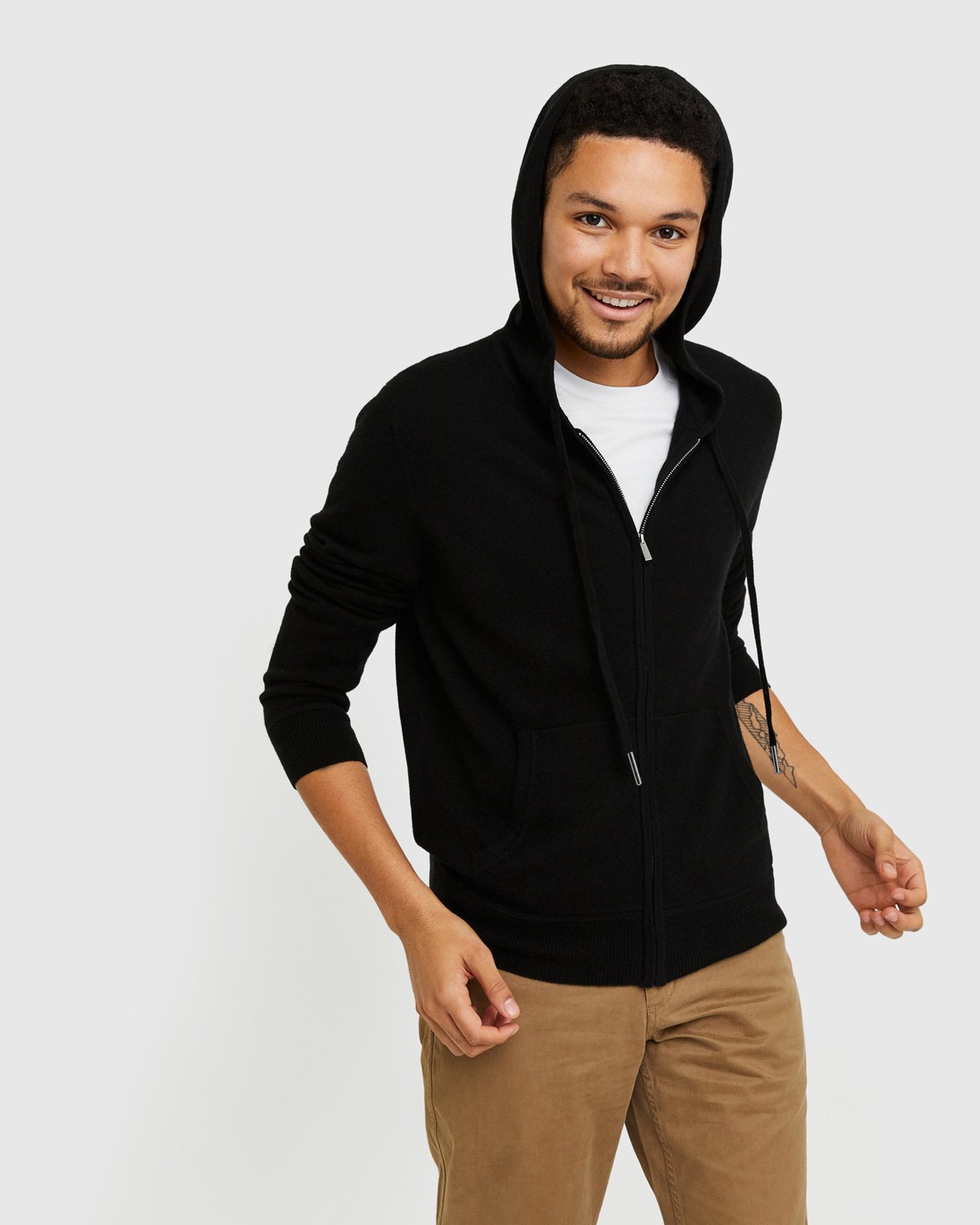 Black Mongolian Spring Cashmere Full-Zip Hoodie