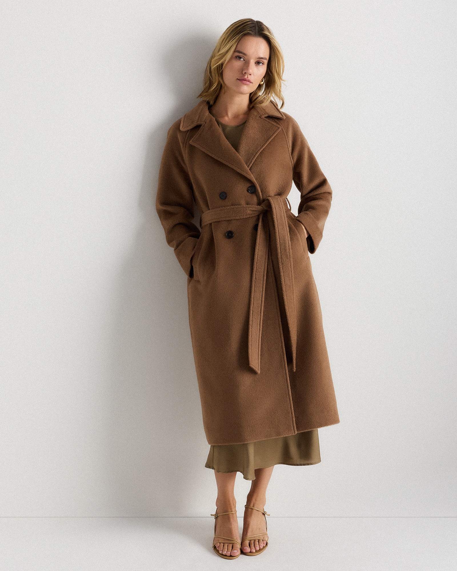 Camel Hair Double-Breasted Long Wrap Coat in Mocha Brown
