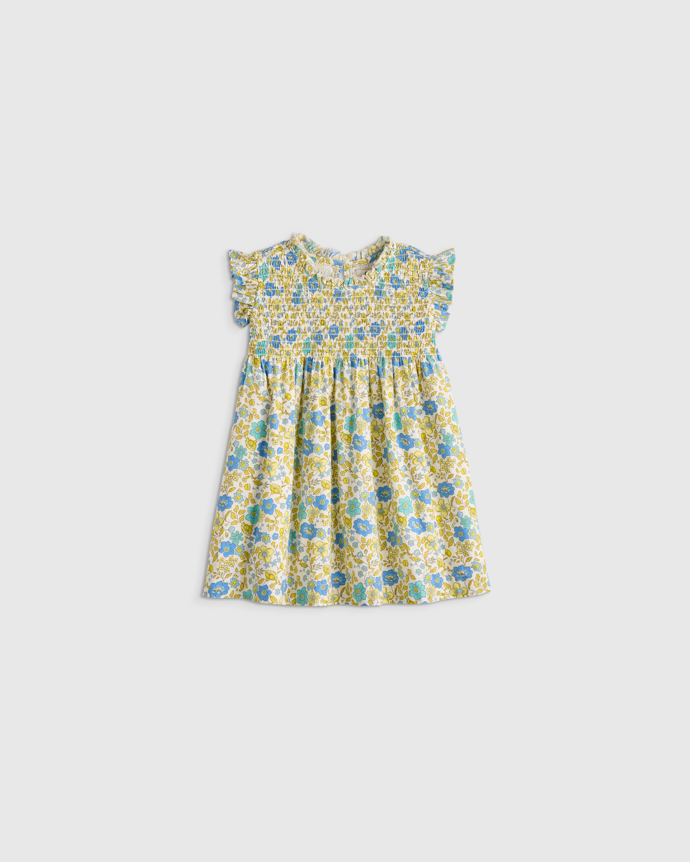 Blue Ditsy Floral 100% Organic Cotton Poplin Smocked Flutter Sleeve Dress