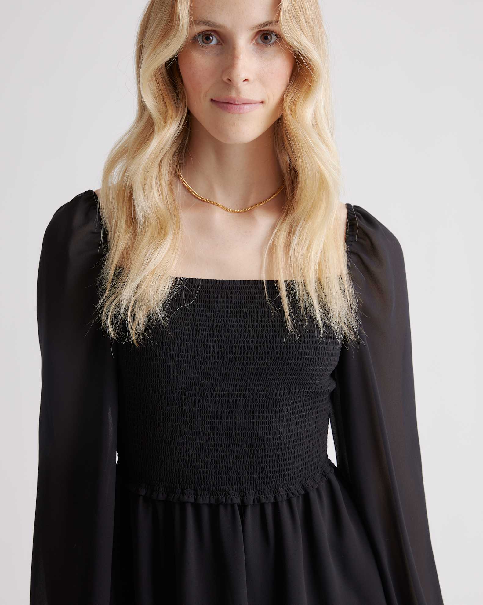 Chiffon Smocked Mini Dress in Black Chiffon Smocked Mini Dress in Black