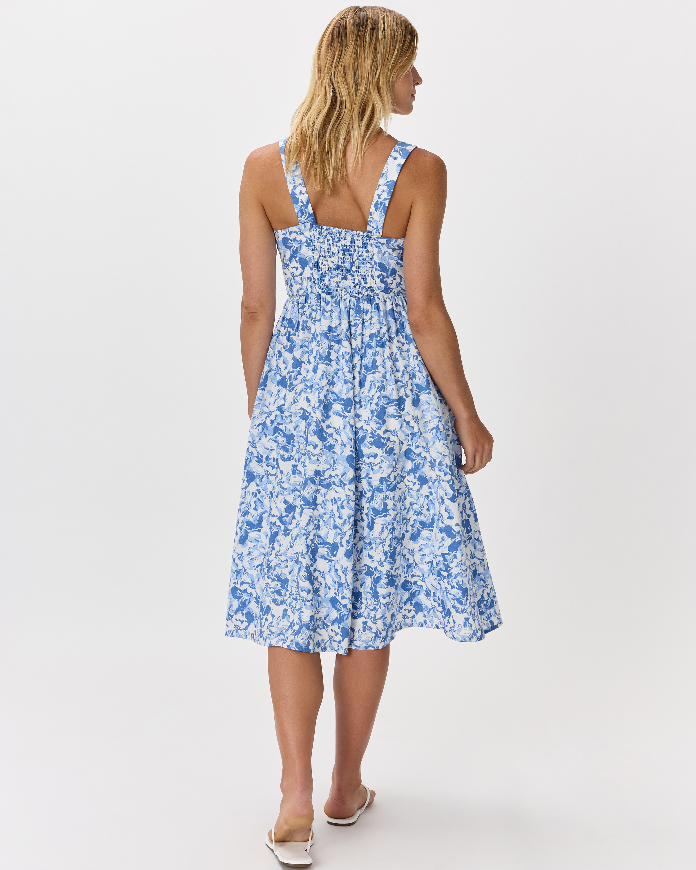 100% European Linen Fit & Flare Midi Dress in Floral Waterfall