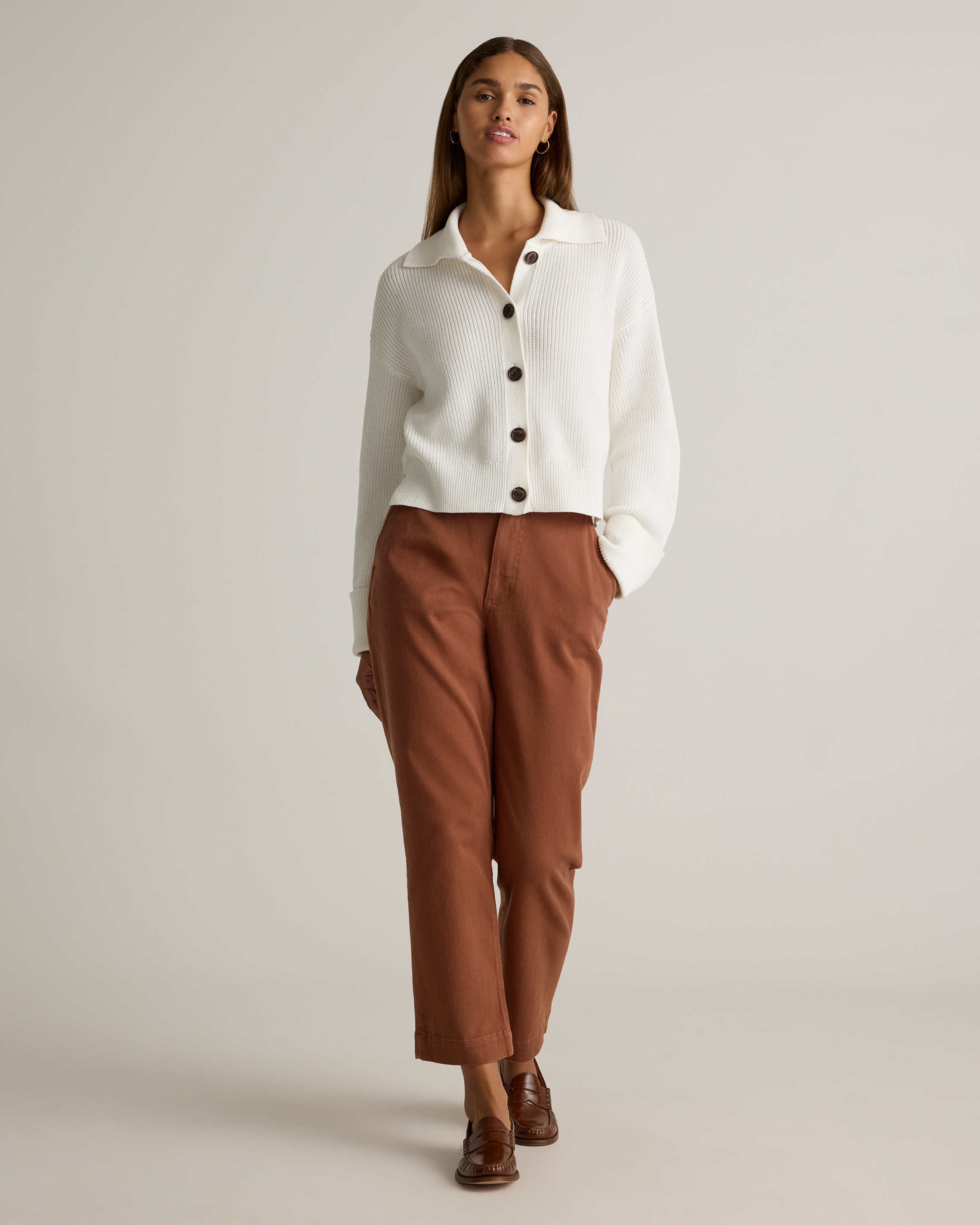 Organic Stretch Cotton Twill Straight Leg Cropped Pants in Rust