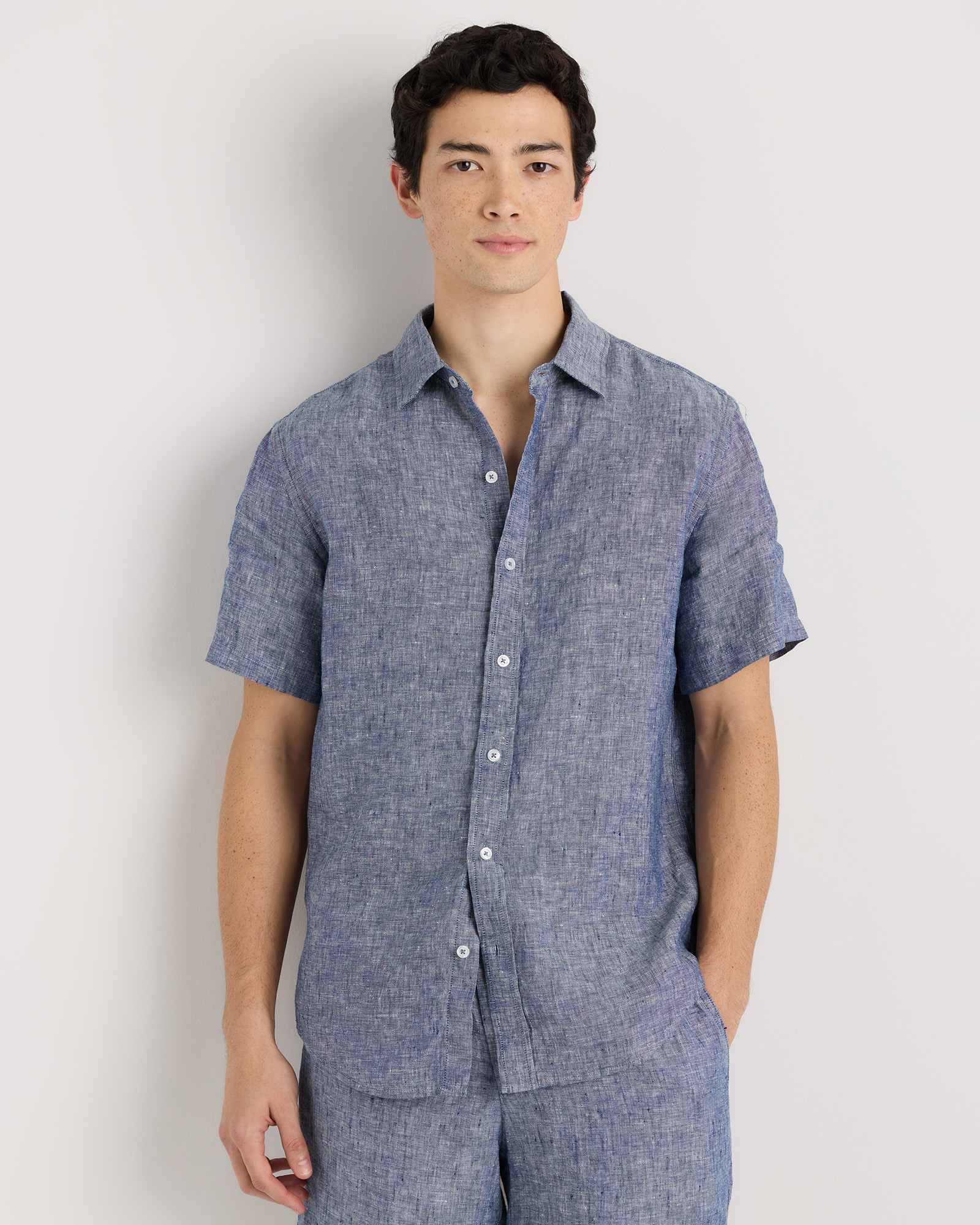 Chambray Blue 100% European Linen Relaxed Short Sleeve Shirt