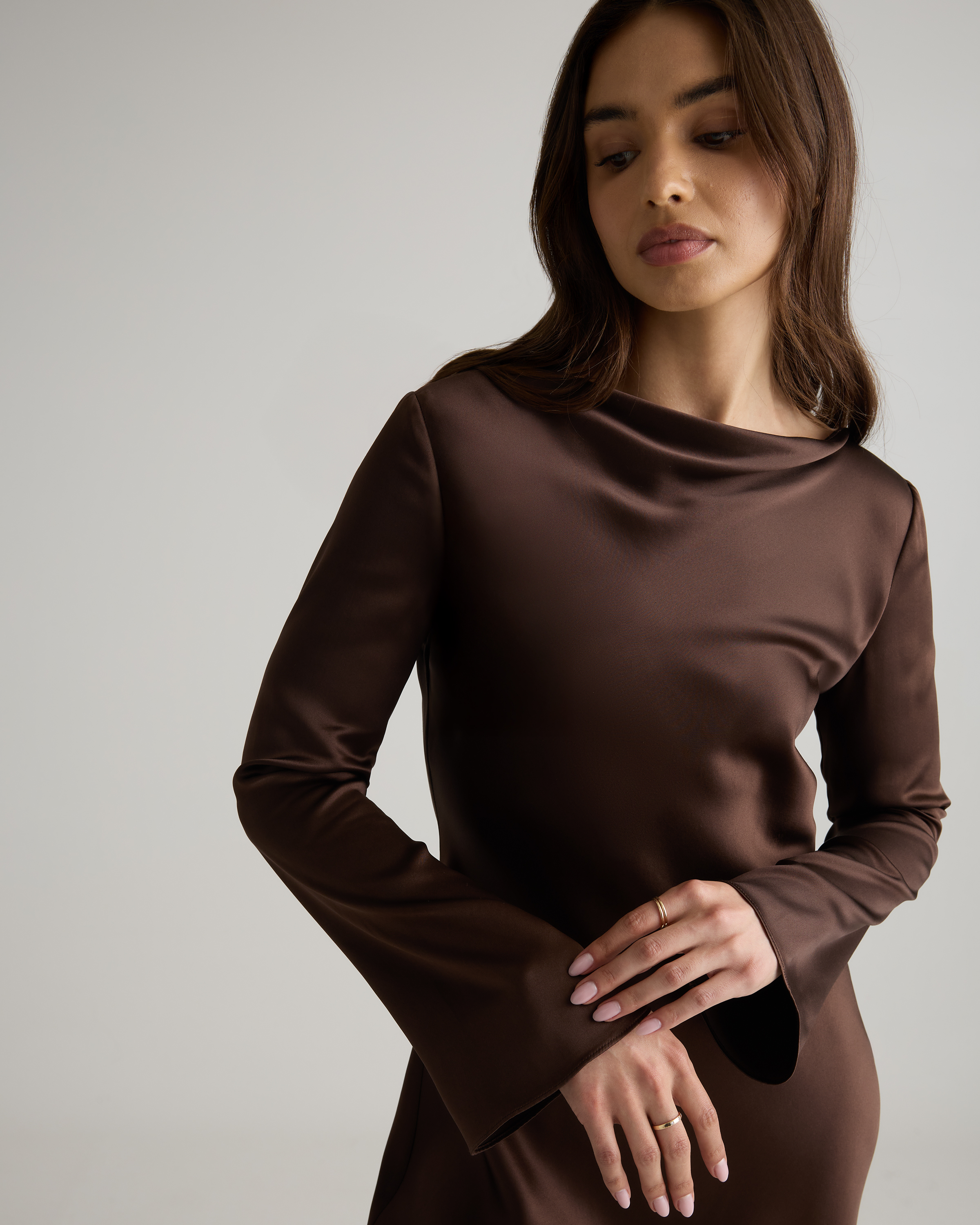 100% Washable Silk Long Sleeve Mini Dress in Hot Fudge