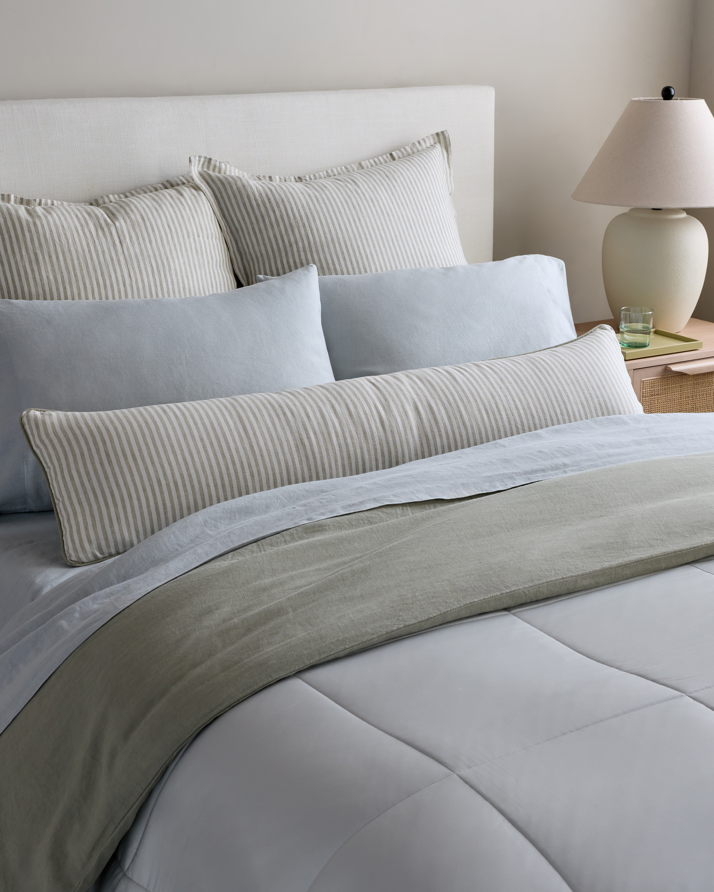 Willowleaf/White Stripe Piped Linen Stripe Oversized Lumbar Pillow Cover