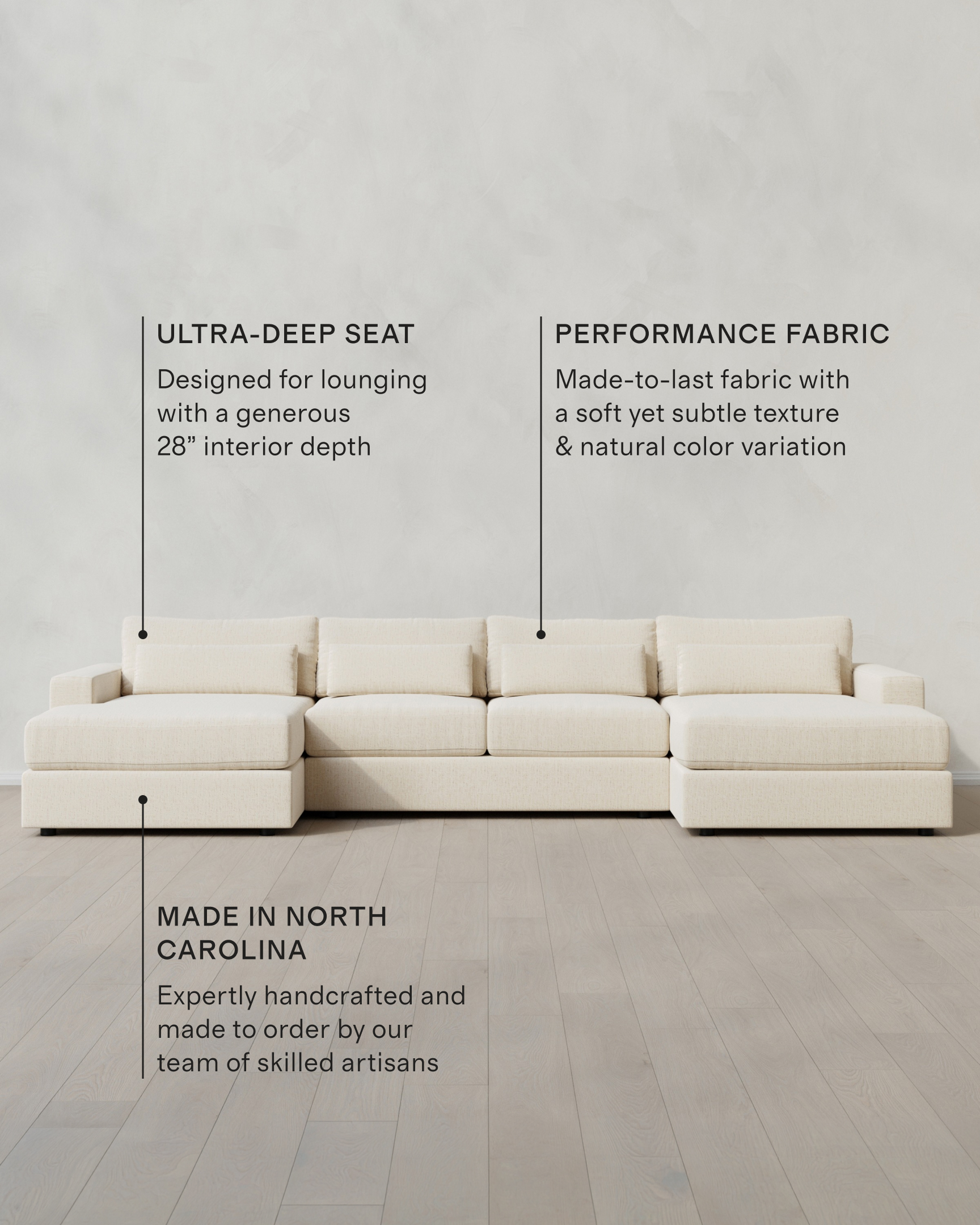 Ashford Deep Seat U Sectional in Performance Chenille-Linen Blend — Snow — Tech Callout
