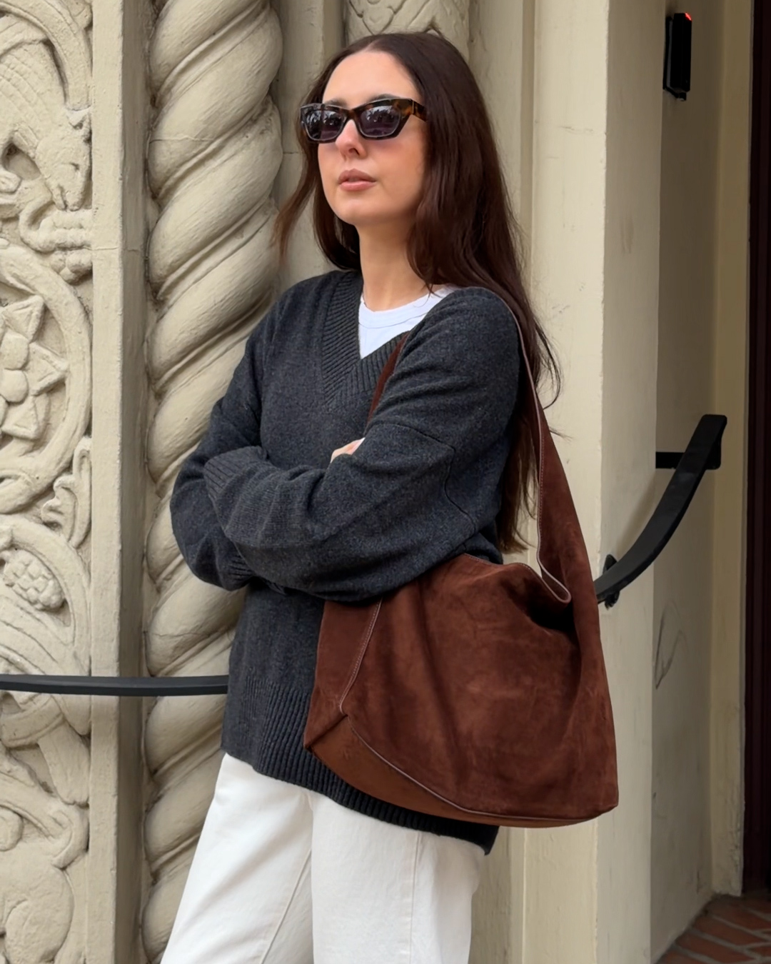 Italian Suede Slouchy Shoulder Bag - PDP Video Thumbnail (Chocolate Brown, 4x5)