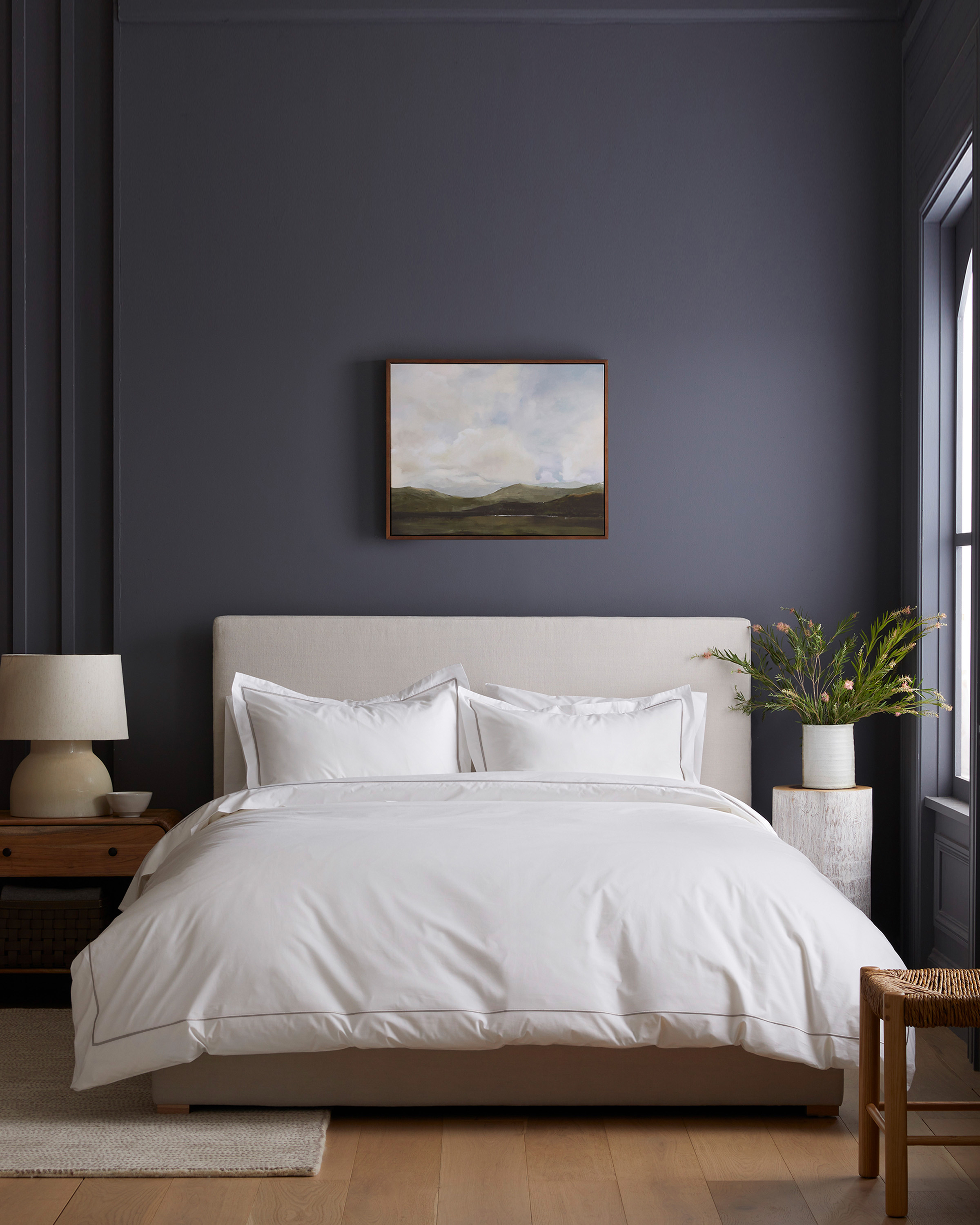 White/Grey Classic Organic Percale Embroidered Duvet Cover Set