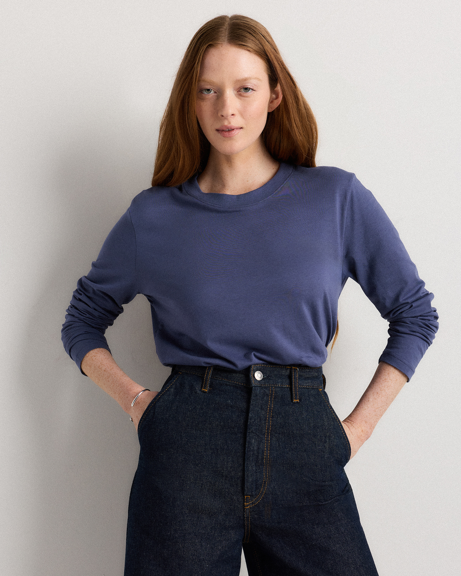 Storm Blue Cotton Modal Relaxed Long Sleeve Tee