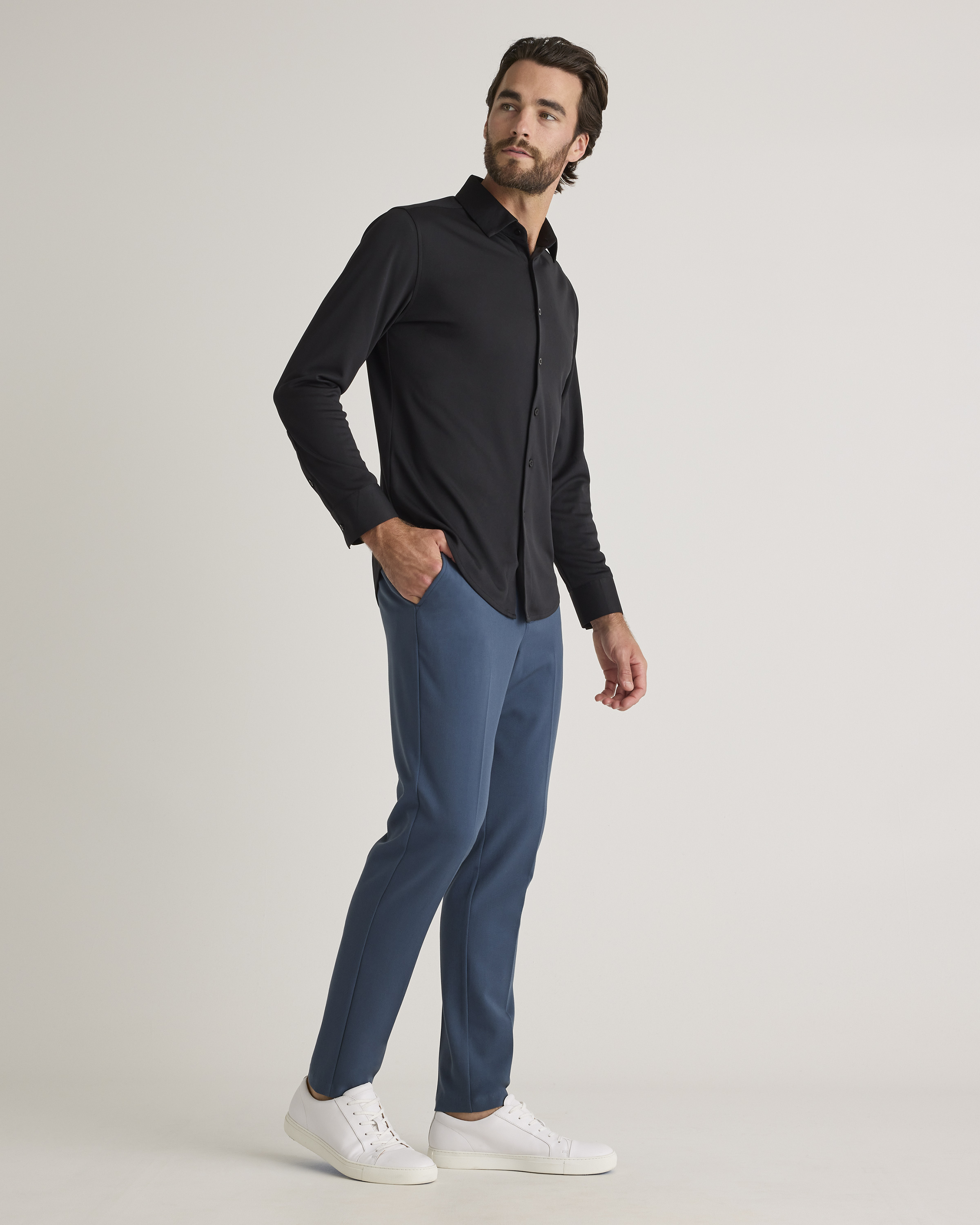 Men's Commuter Stretch Pique Long Sleeve Button Down in Black, Size Large, 100% Polyester by Quince