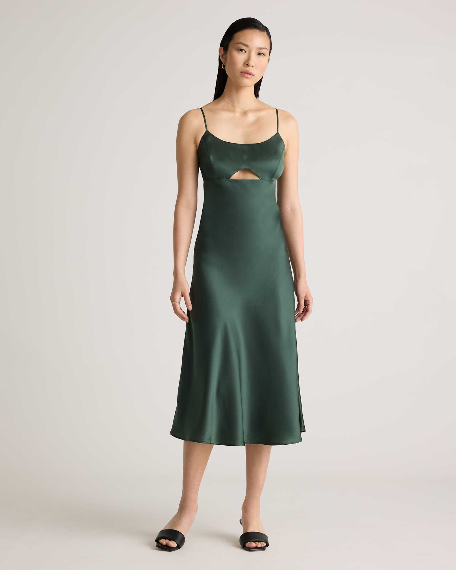 100% Washable Silk Cutout Midi Slip Dress in Forest Green 100% Washable Silk Cutout Midi Slip Dress in Forest Green