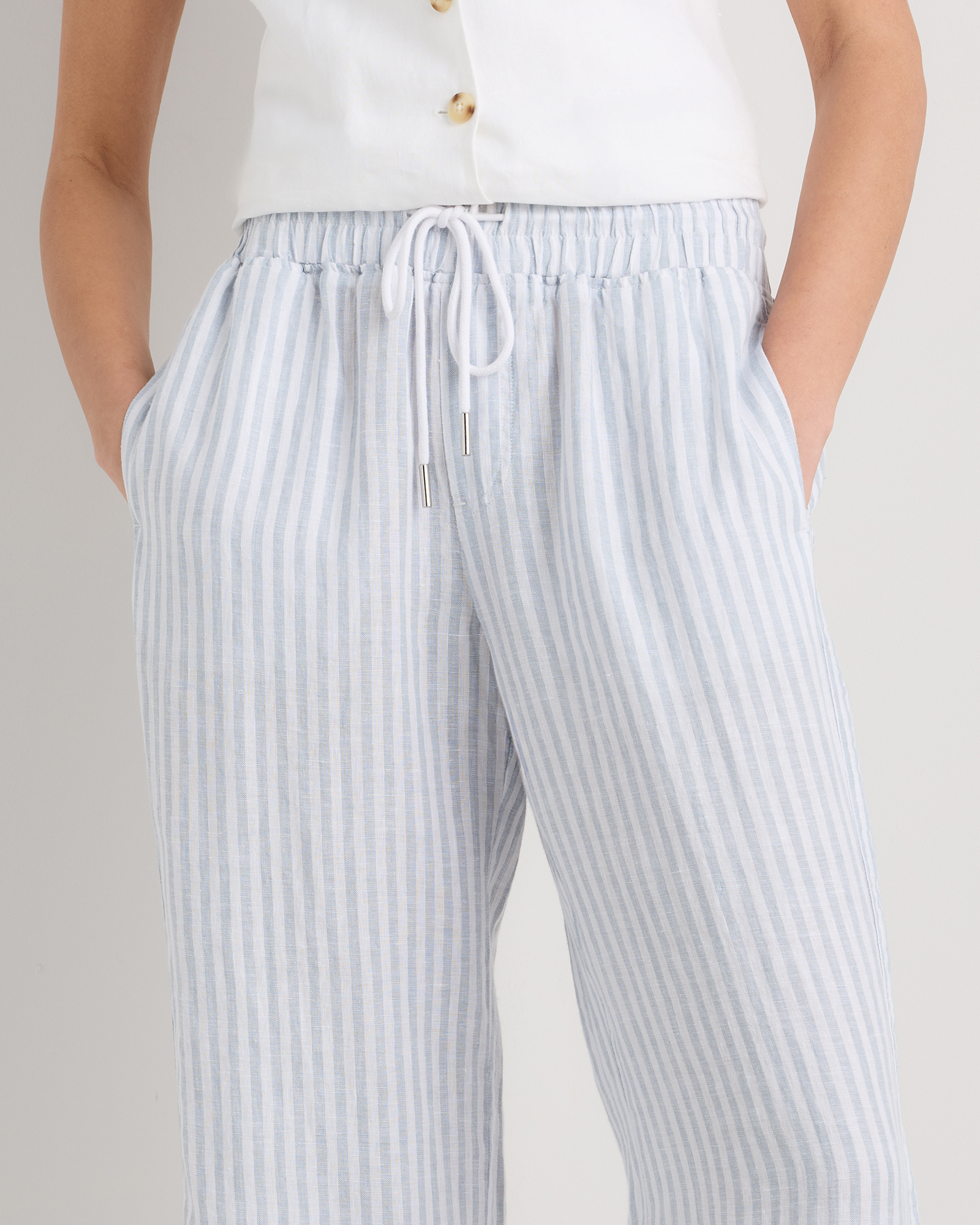 100% European Linen Wide Leg Pants in Sky Blue Mariner Stripe