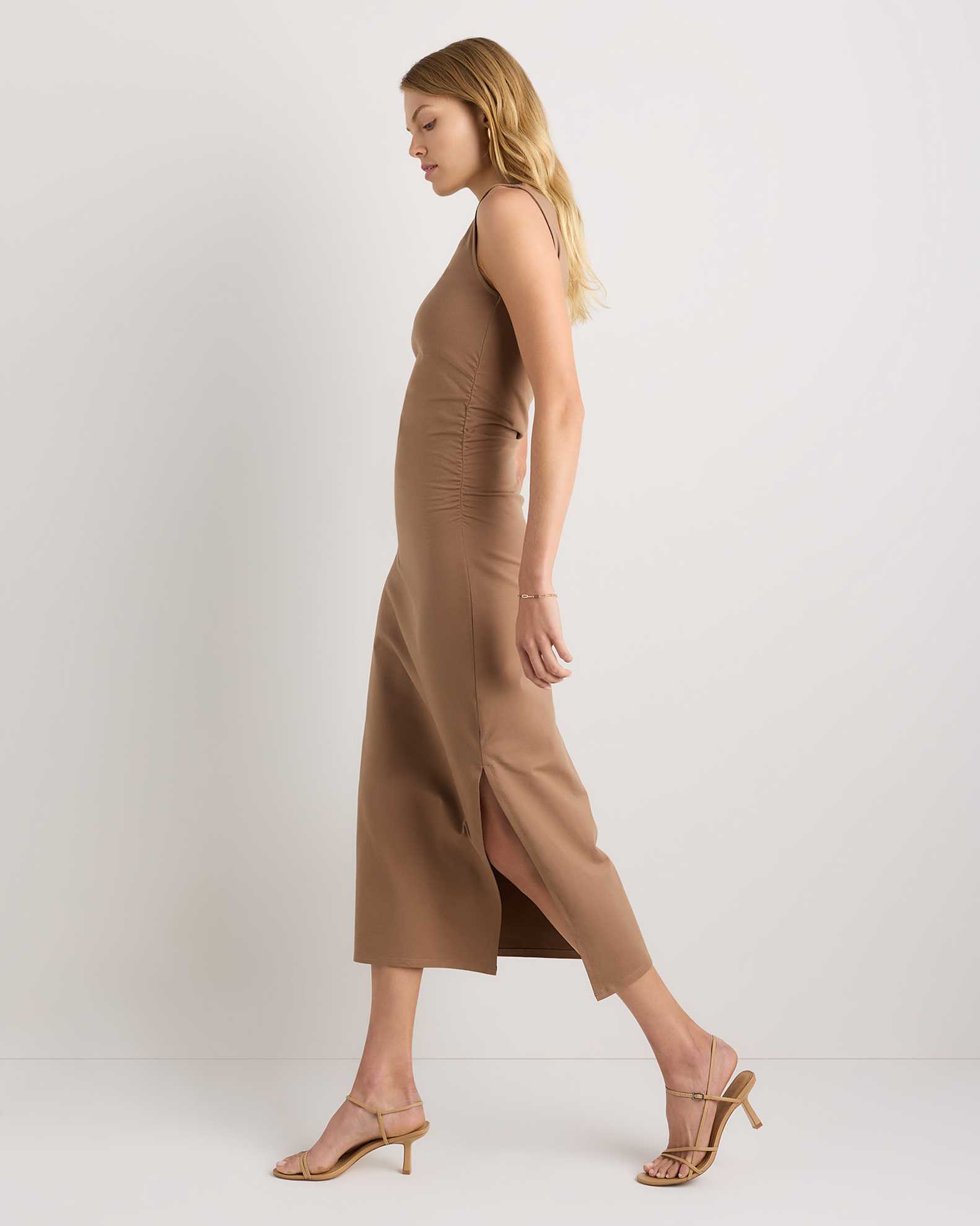 Stretch Cotton Jersey Mock Neck Midi Dress in Mocha Brown Stretch Cotton Jersey Mock Neck Midi Dress in Mocha Brown