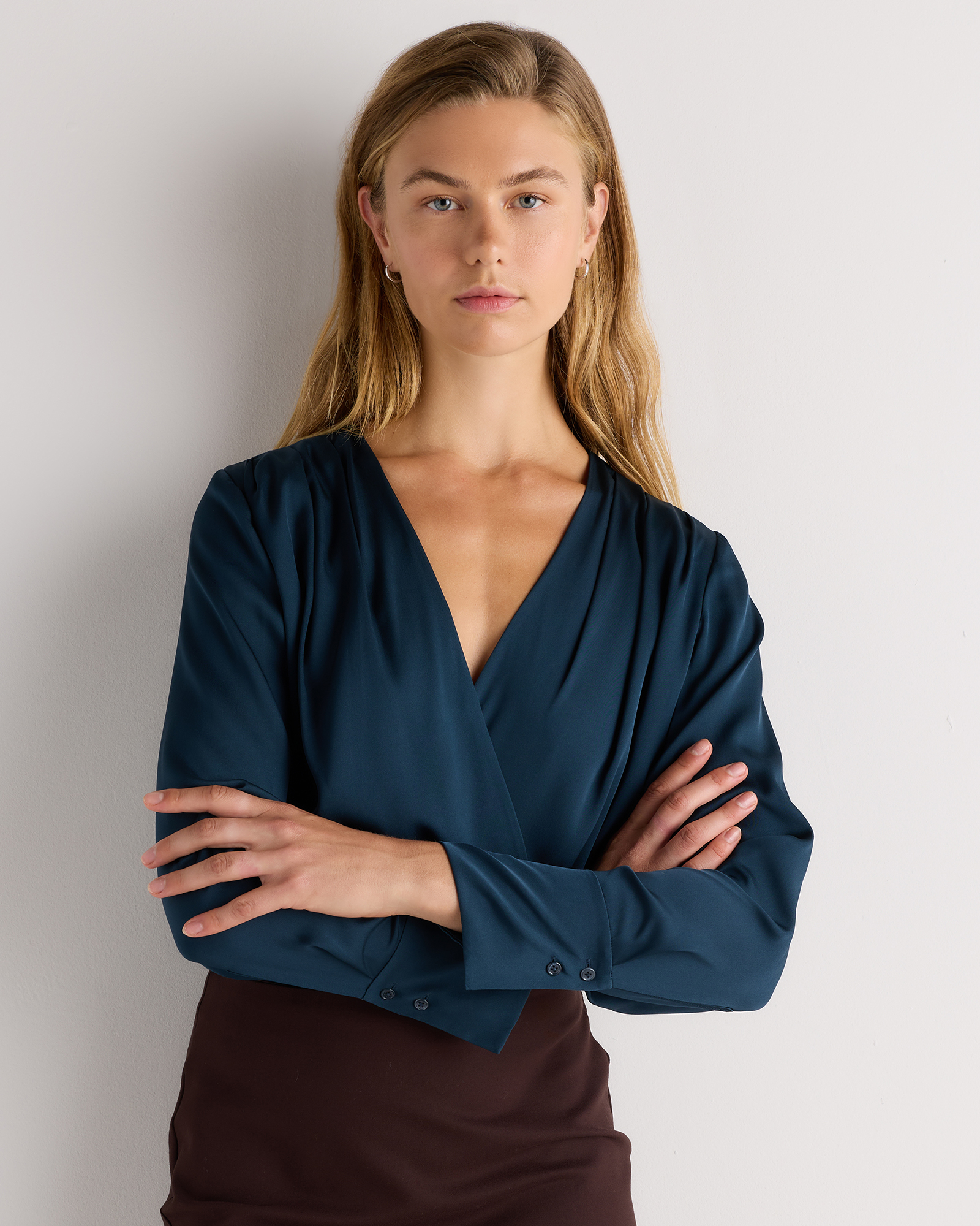 Stratus Blue Washable Stretch Silk Surplice Bodysuit