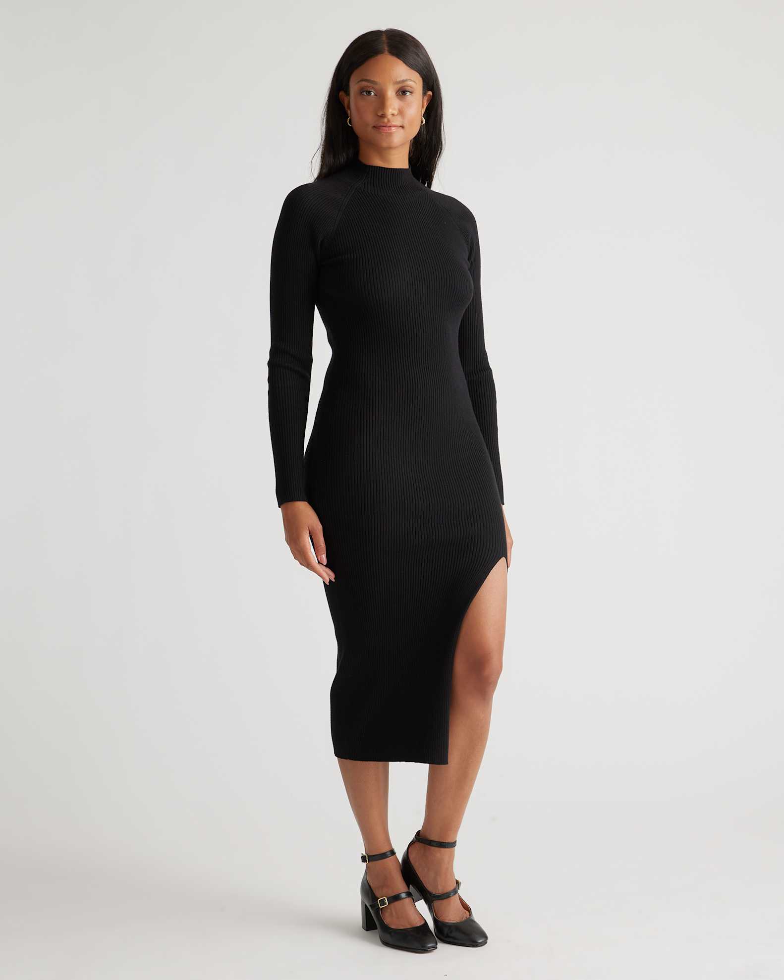 Eco-Knit Ribbed Mock Neck Sweater Dress in Black Eco-Knit Ribbed Mock Neck Sweater Dress in Black