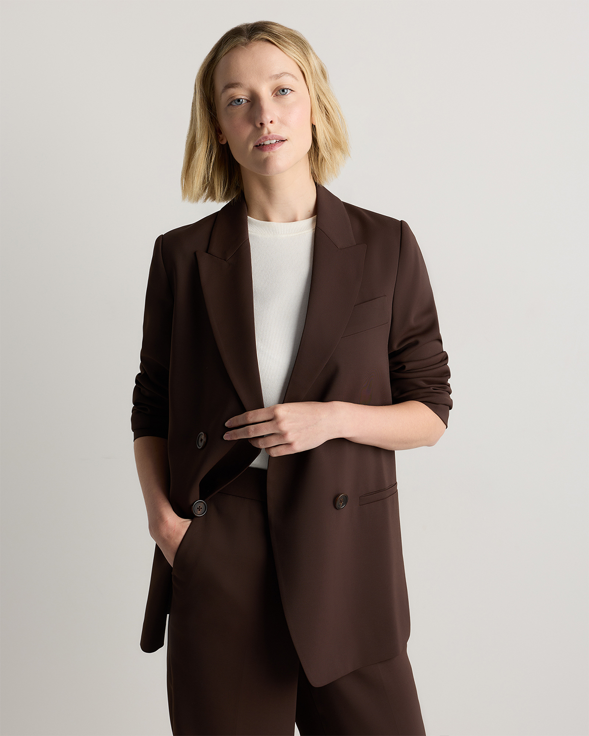 Coffee Bean Brown Stretch Crepe Double-Breasted Blazer