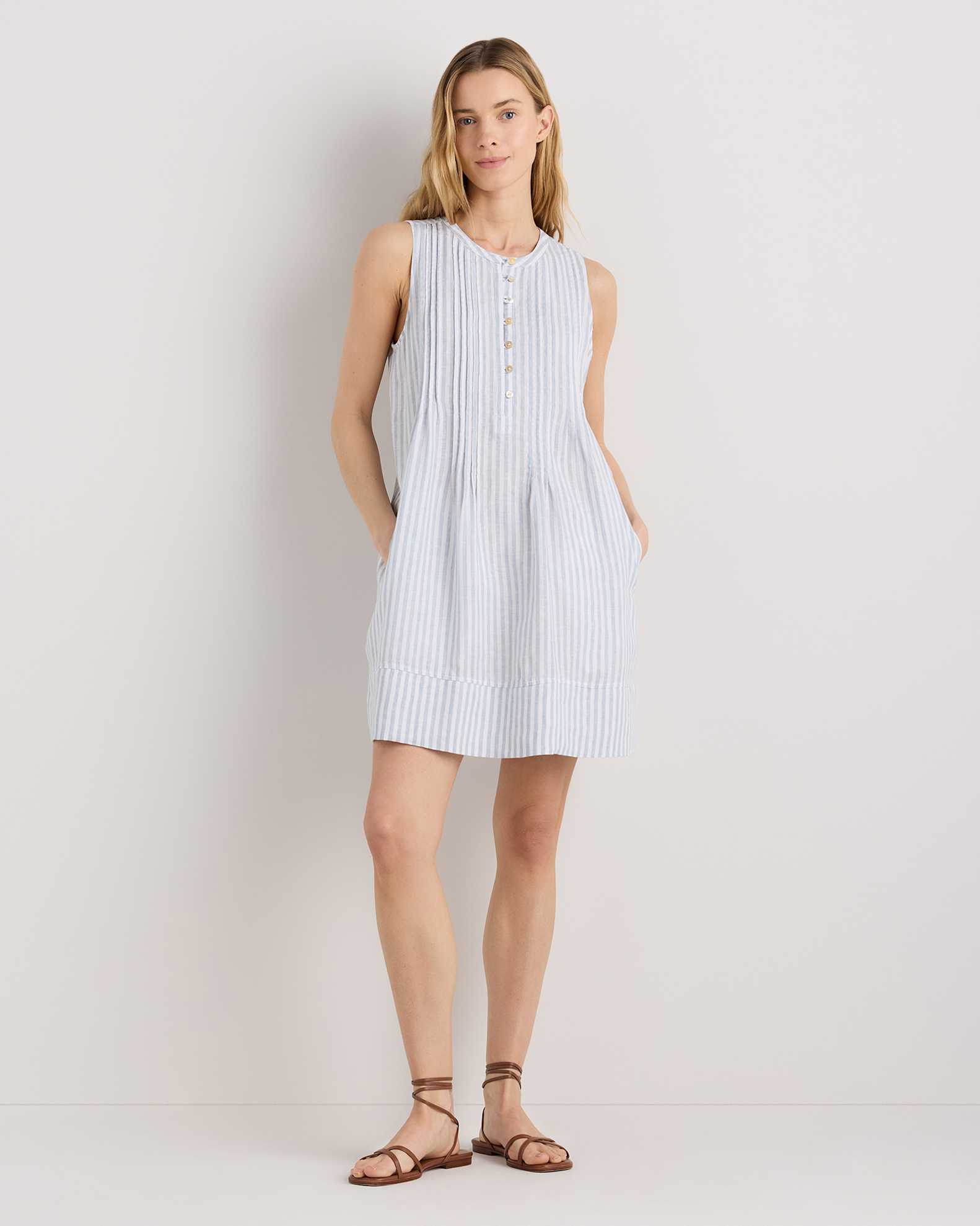 Women's 100% European Linen Sleeveless Swing Dress in Sky Blue Mariner Stripe, Size Medium by Quince Women's 100% European Linen Sleeveless Swing Dress in Sky Blue Mariner Stripe, Size Medium by Quince