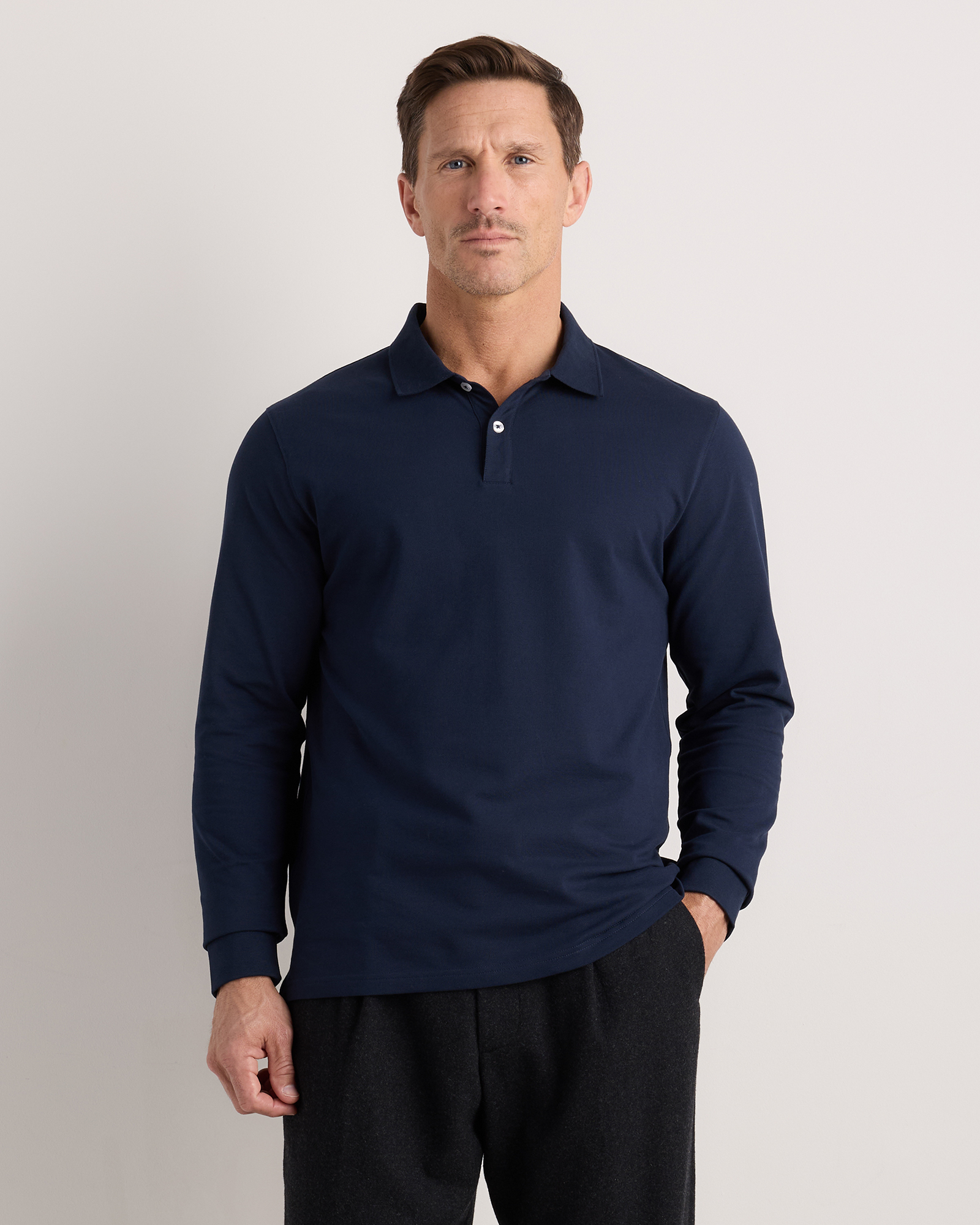 Navy Organic Cotton Long Sleeve Pique Polo