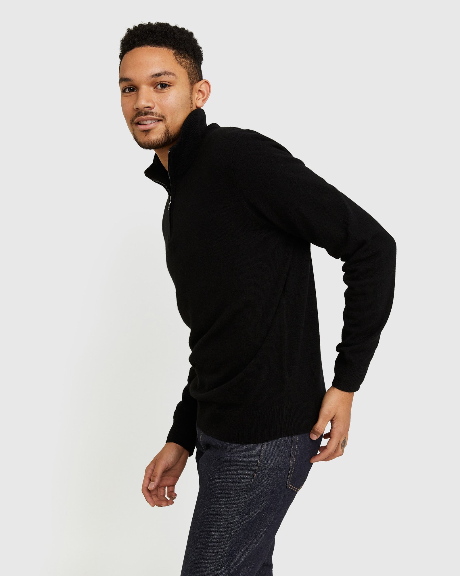 Black Mongolian Spring Cashmere Quarter Zip Sweater