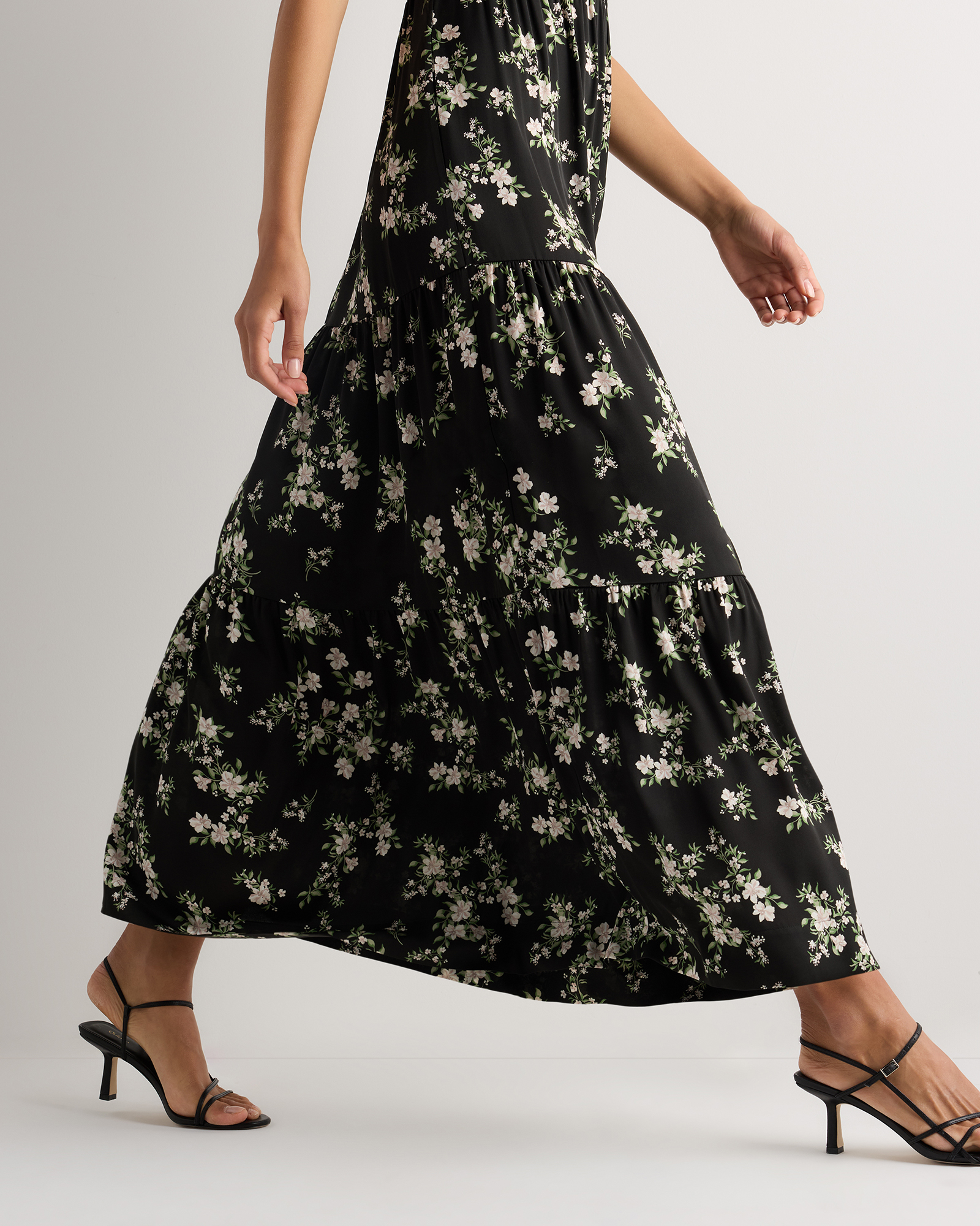 quince washable stretch silk tiered maxi dress Washable Stretch Silk Tiered Maxi Dress in Black Vintage Pink Petite Floral