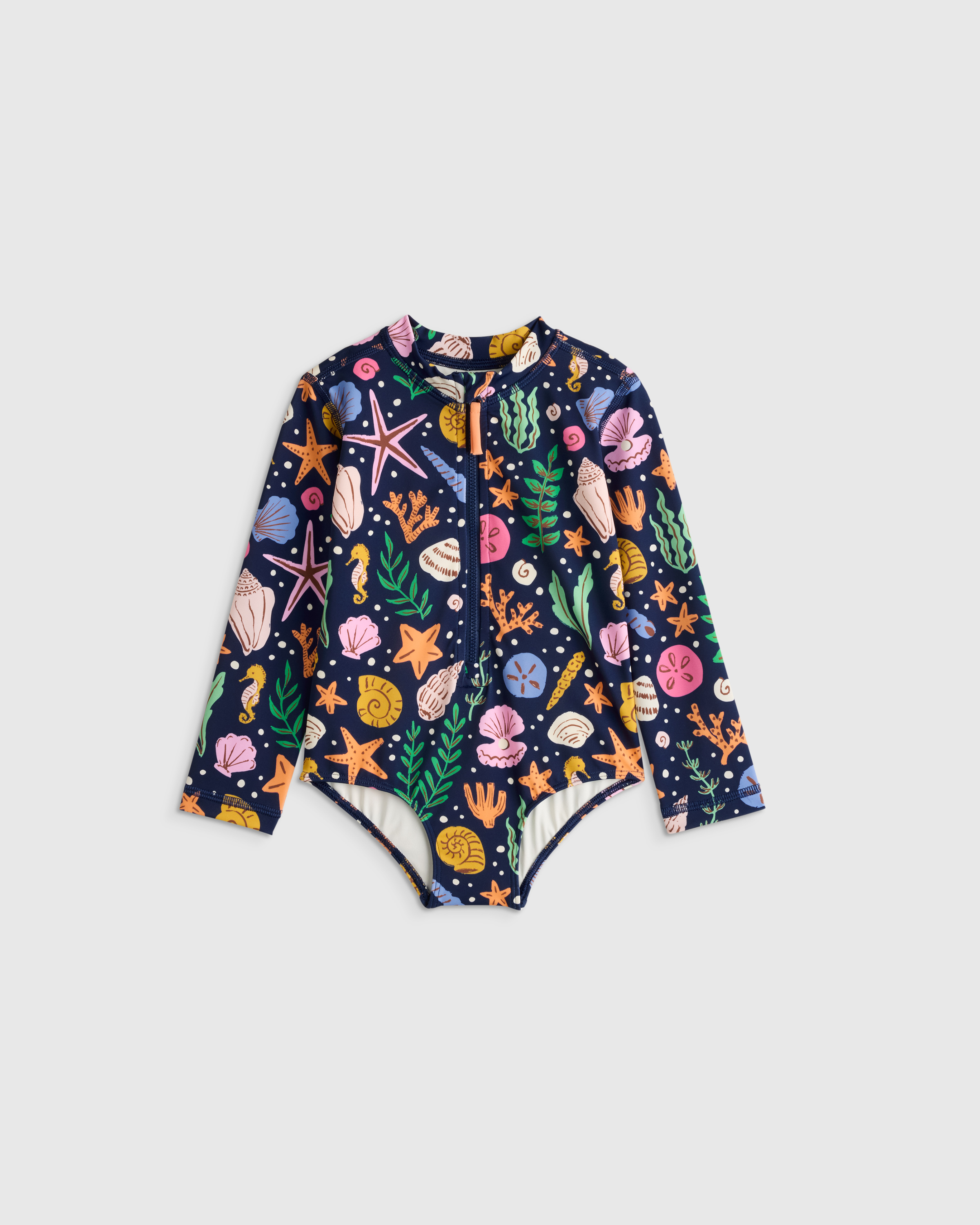 Navy Seashells Long Sleeve Zip-Up Swimsuit