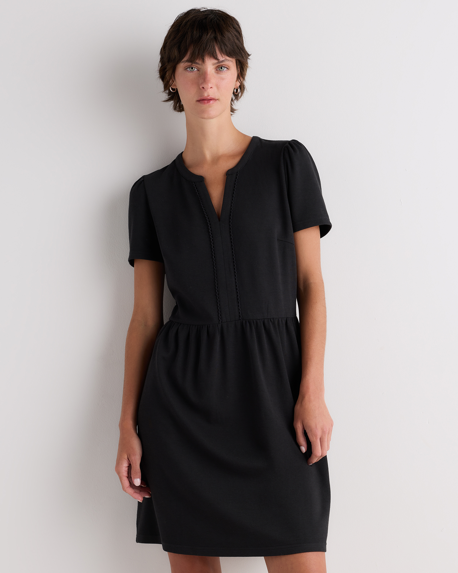 True Black Tencel Modal Knit V-Neck Mini Dress