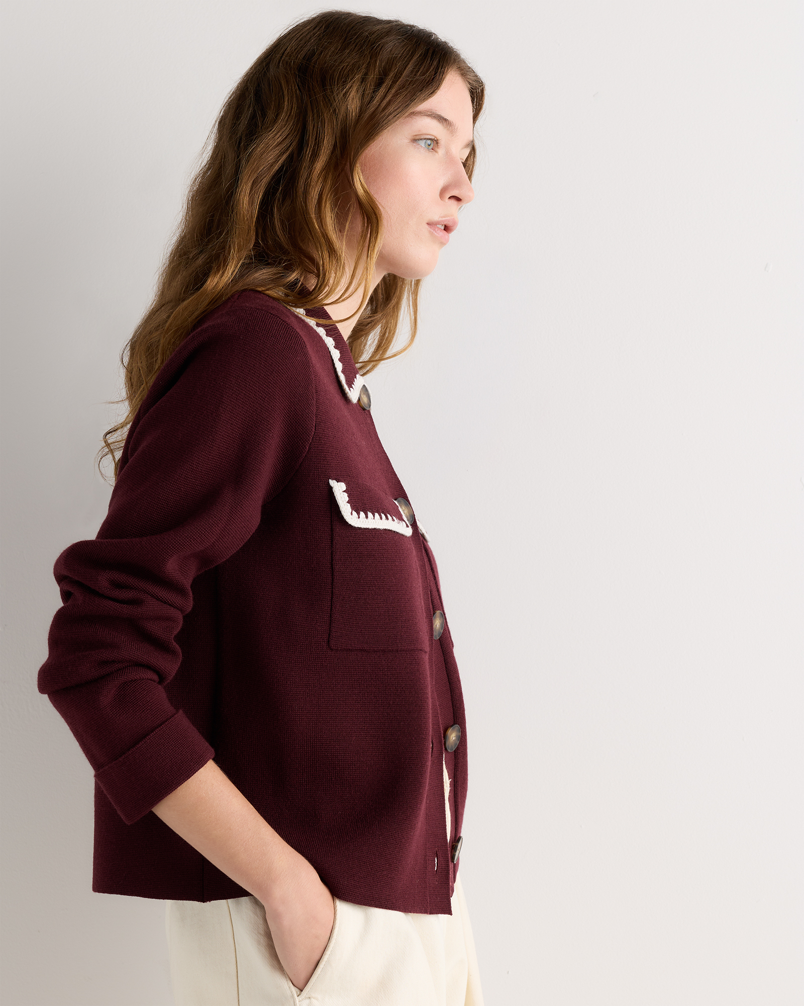 Australian Merino Wool Crochet Structured Cardigan in Deep Brick Red