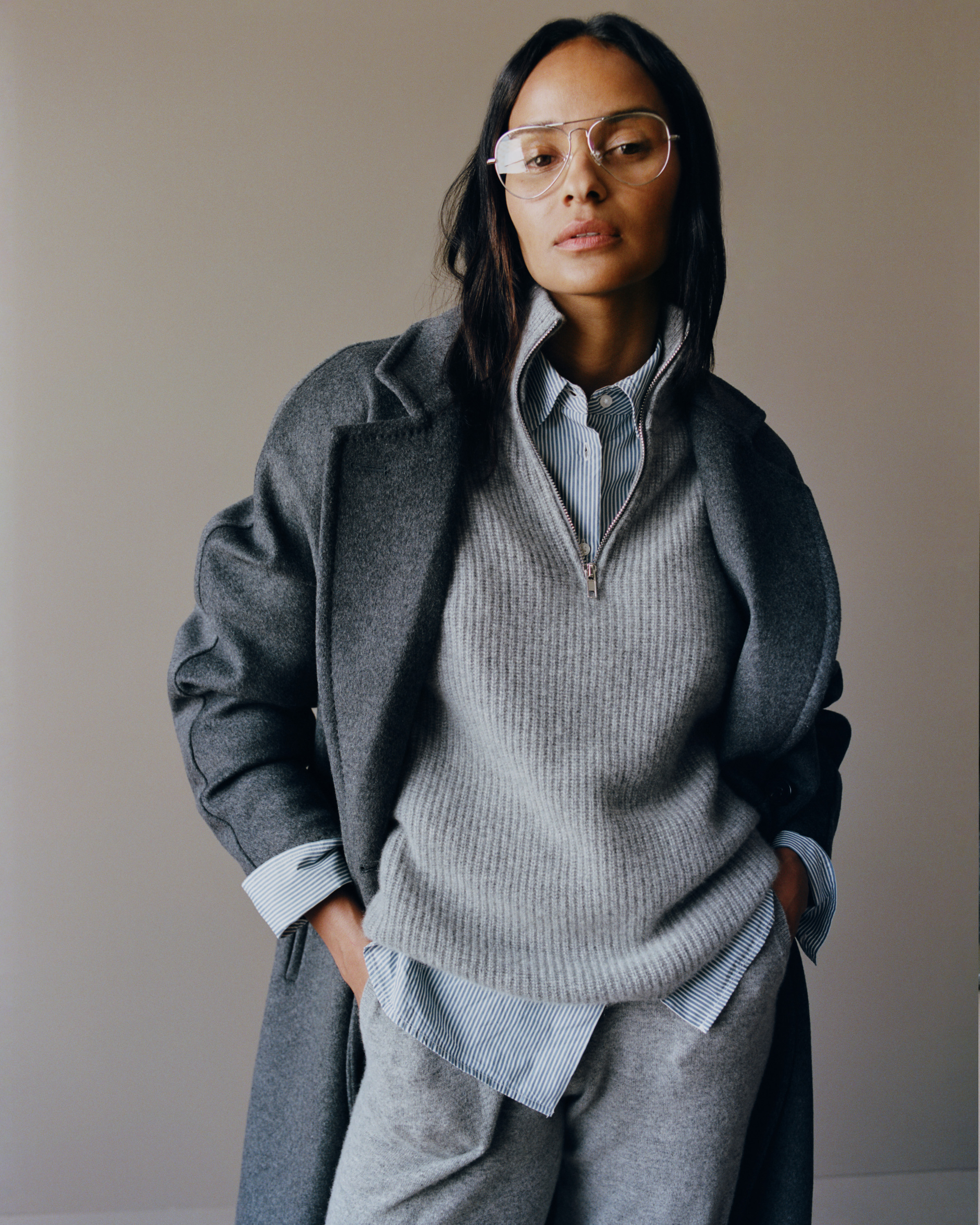Mongolian Cashmere Fisherman Quarter Zip Sweater in Heather Grey