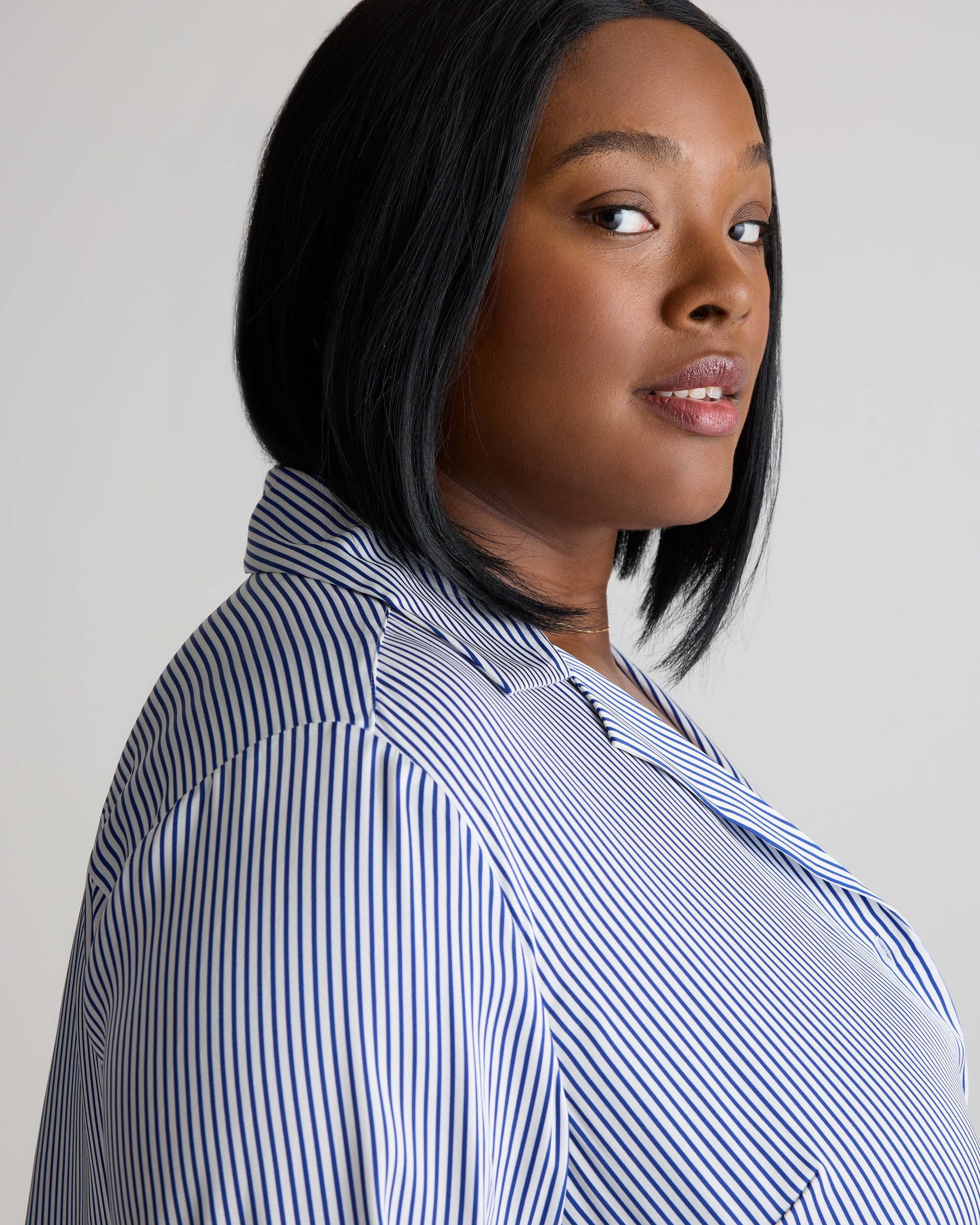 Washable Stretch Silk Notch Collar Blouse - Plus Size in Evie Stripe