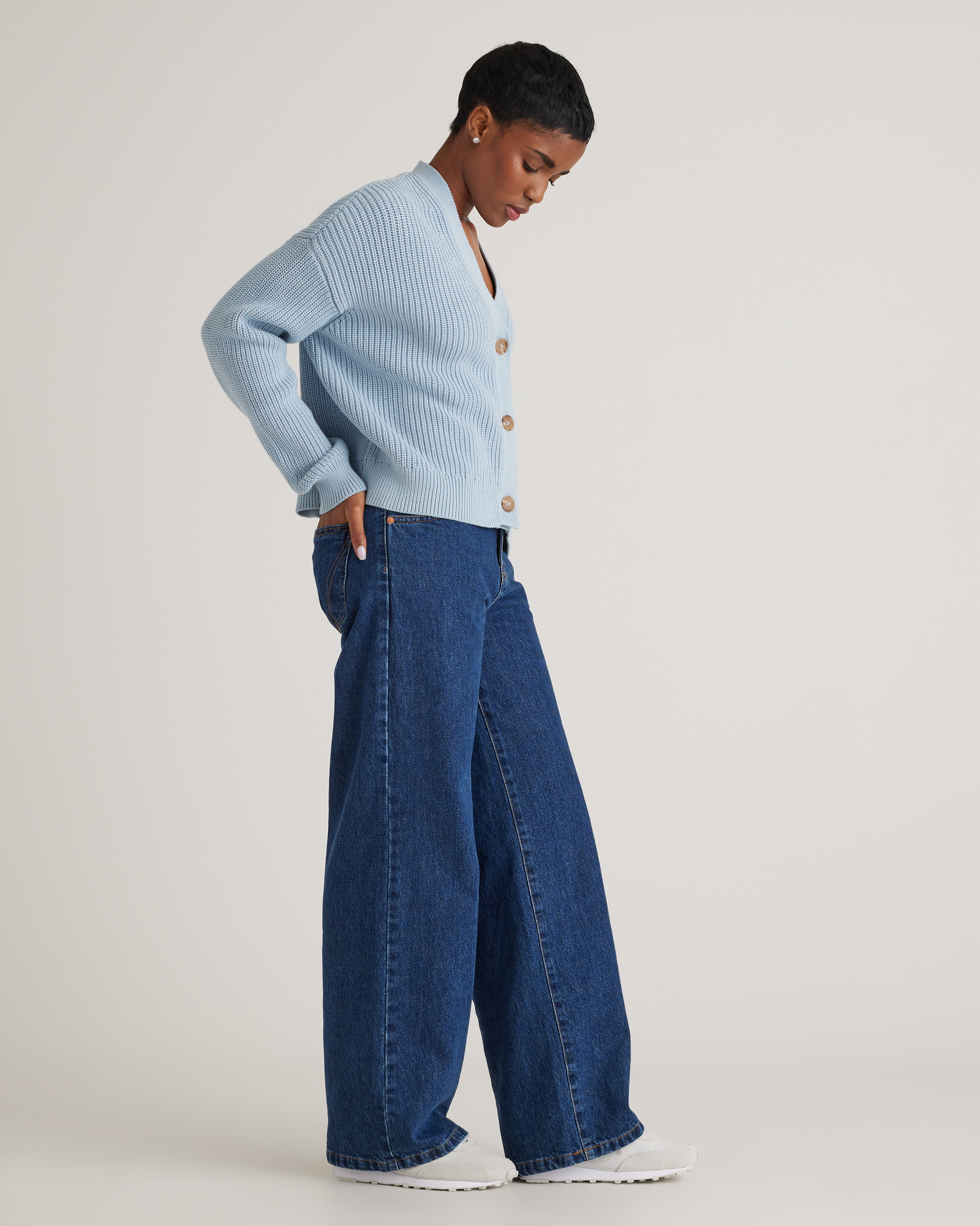 100% Organic Cotton Fisherman Boxy Cropped Cardigan in Sky Blue