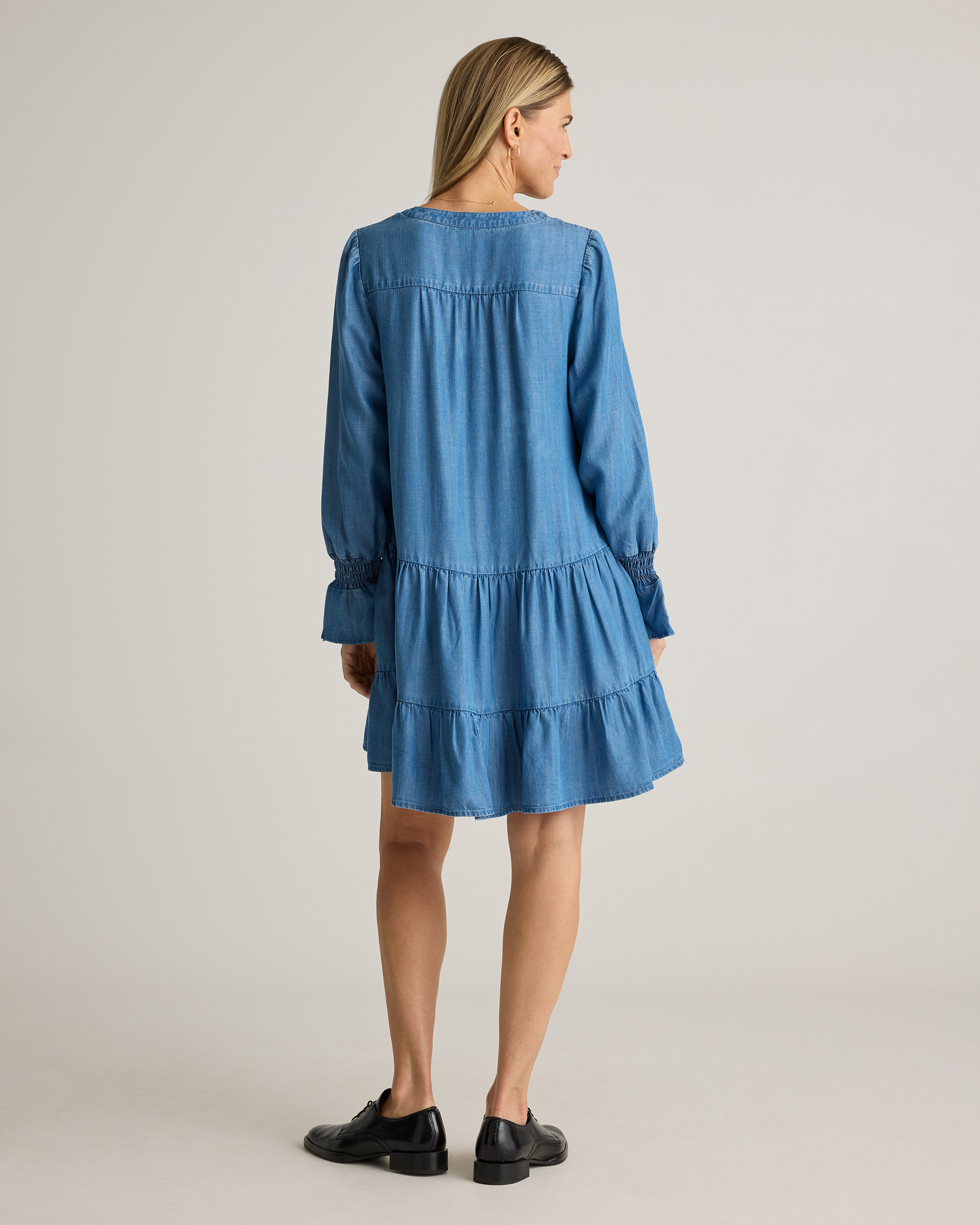 Chambray Tencel Tiered Long Sleeve Mini Dress
