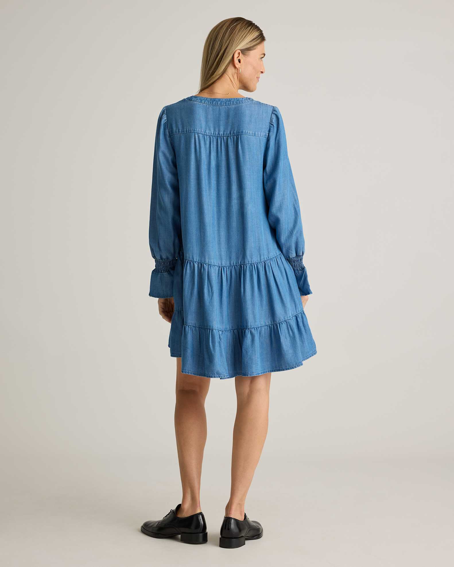 Chambray Tencel Tiered Long Sleeve Mini Dress Chambray Tencel Tiered Long Sleeve Mini Dress
