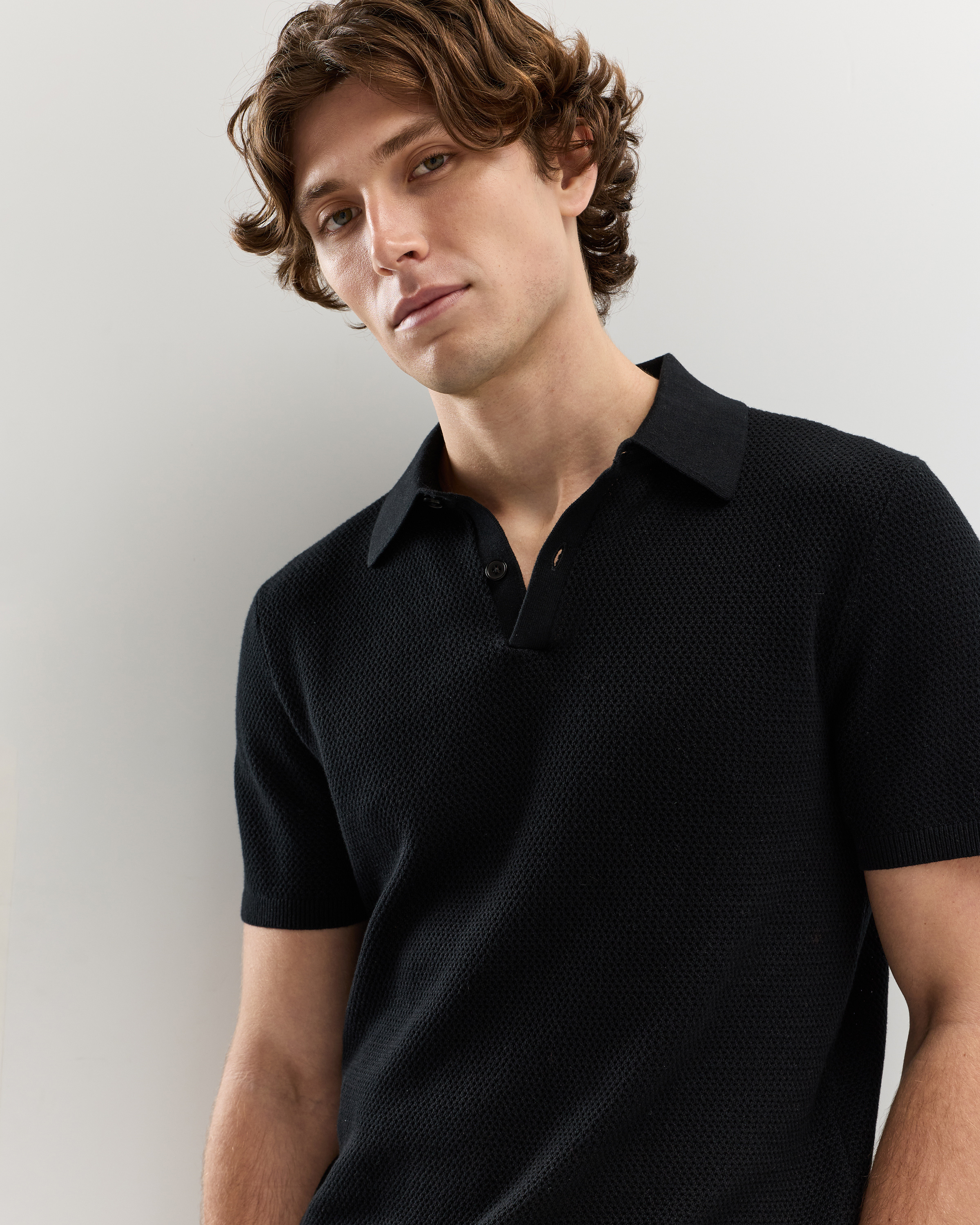 100% Organic Cotton Mesh-Stitch Sweater Polo in Black