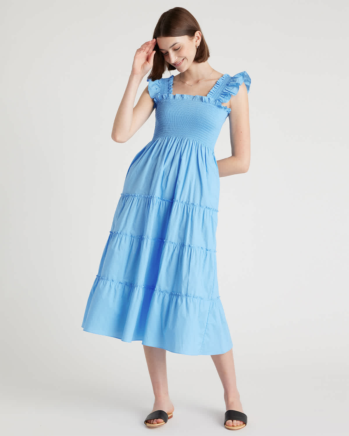 Women's Poplin Smocked Midi Dress in Cornflower Blue, Size XS, Organic Cotton by Quince Women's Poplin Smocked Midi Dress in Cornflower Blue, Size XS, Organic Cotton by Quince