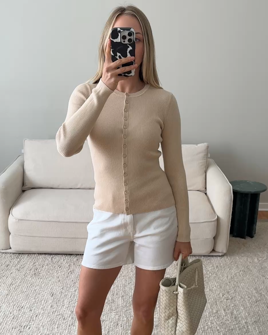 Cotton Cashmere Fitted Ribbed Cardigan - PDP Video Thumbnail (Heather Oatmeal, 4x5)
