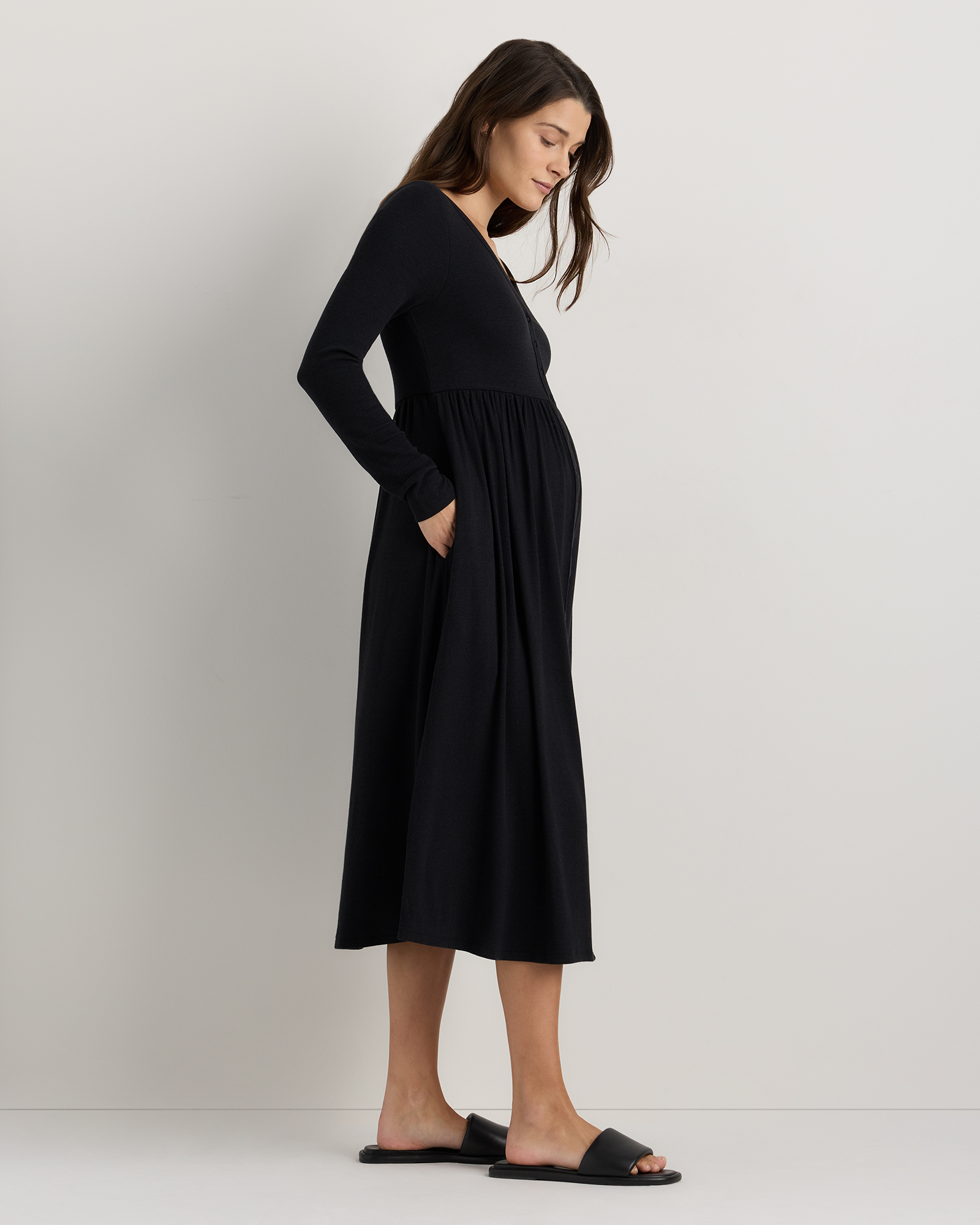 black long sleeve maternity dress Women's Bamboo Rib Maternity Long Sleeve Button Front Dress in Bold Black, Size XS, Bamboo Viscose by Quince