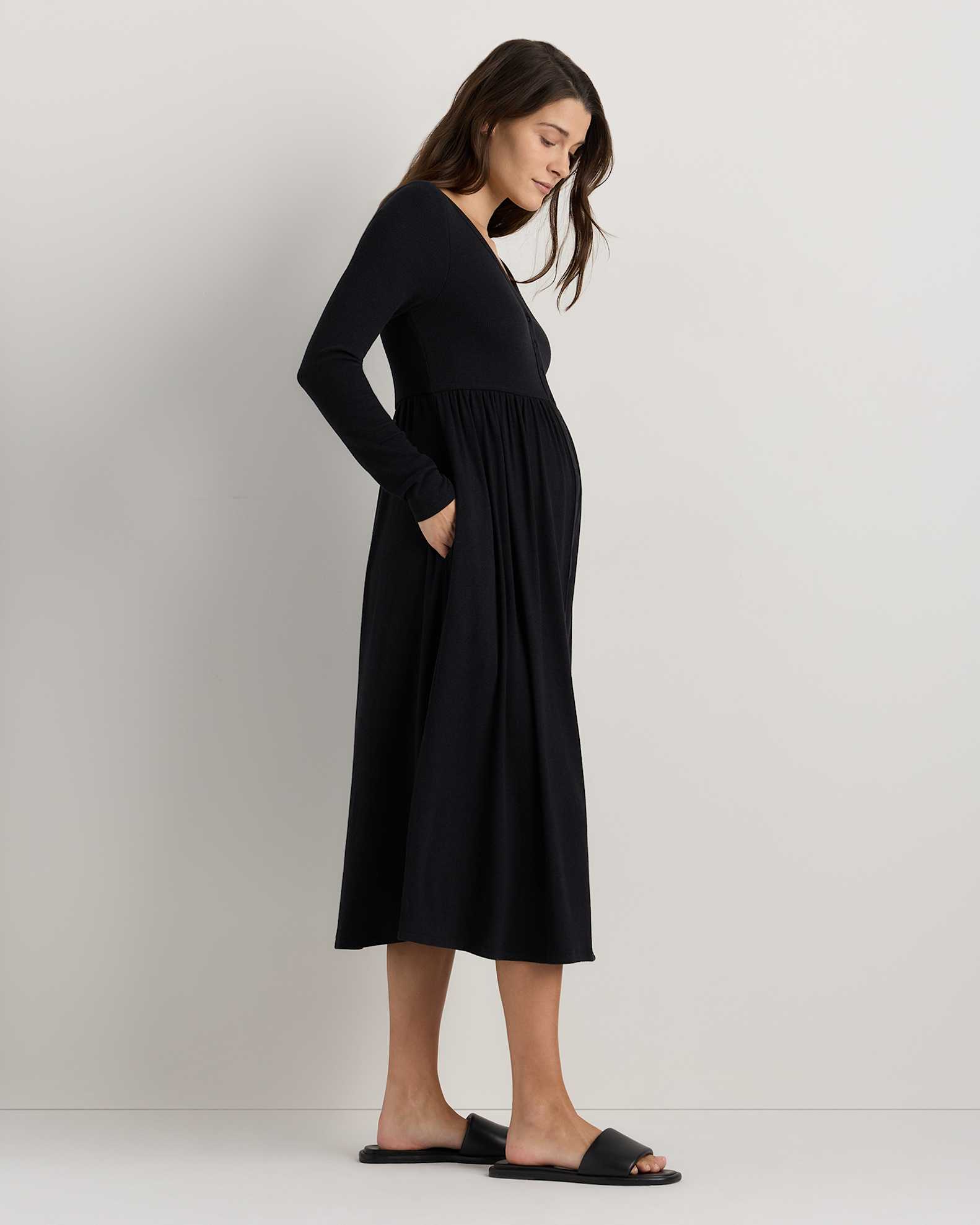 black long sleeve maternity dress Black Ribbed Maternity & Nursing Midi Dress