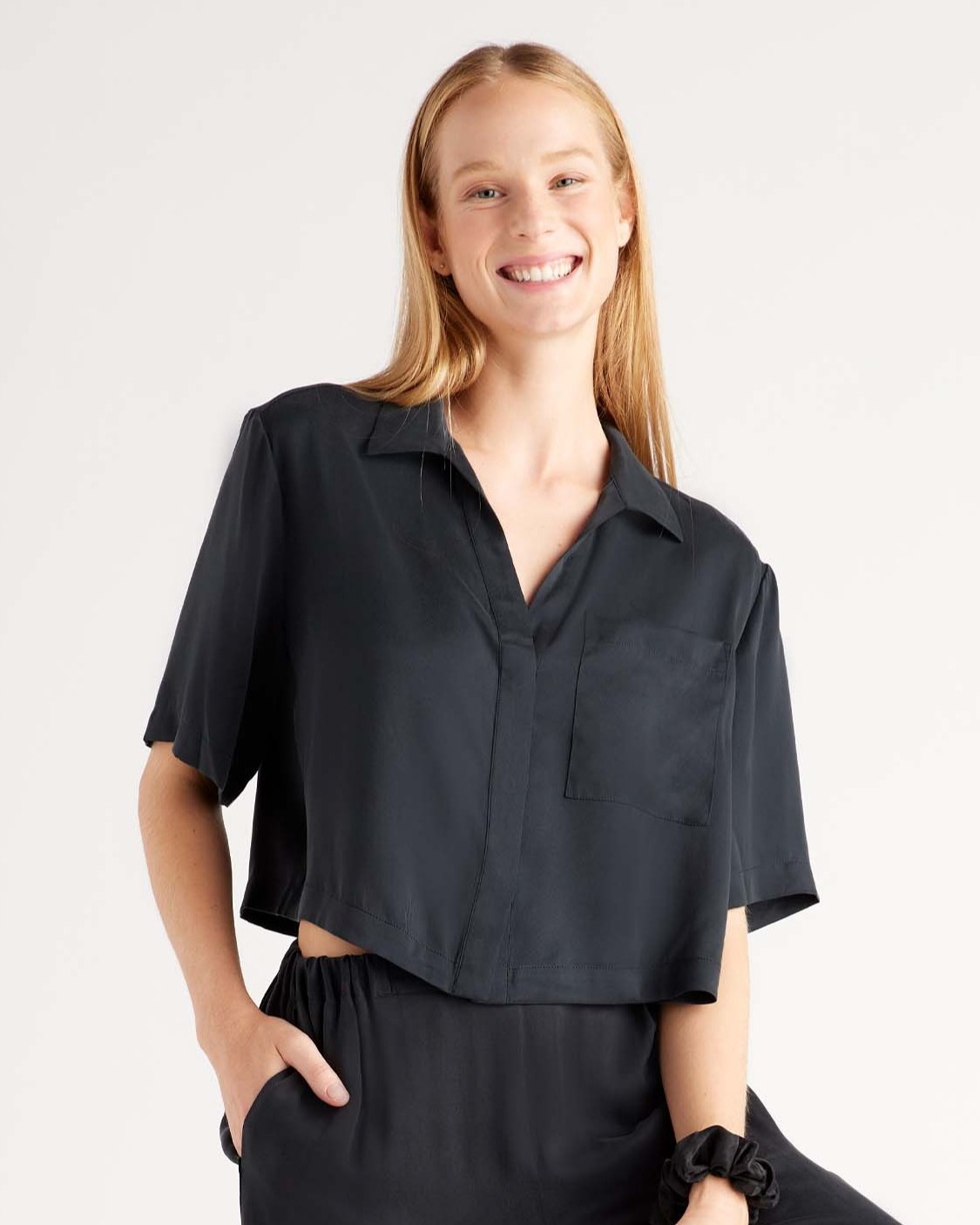 Black 100% Washable Silk Pajama Button Up Top