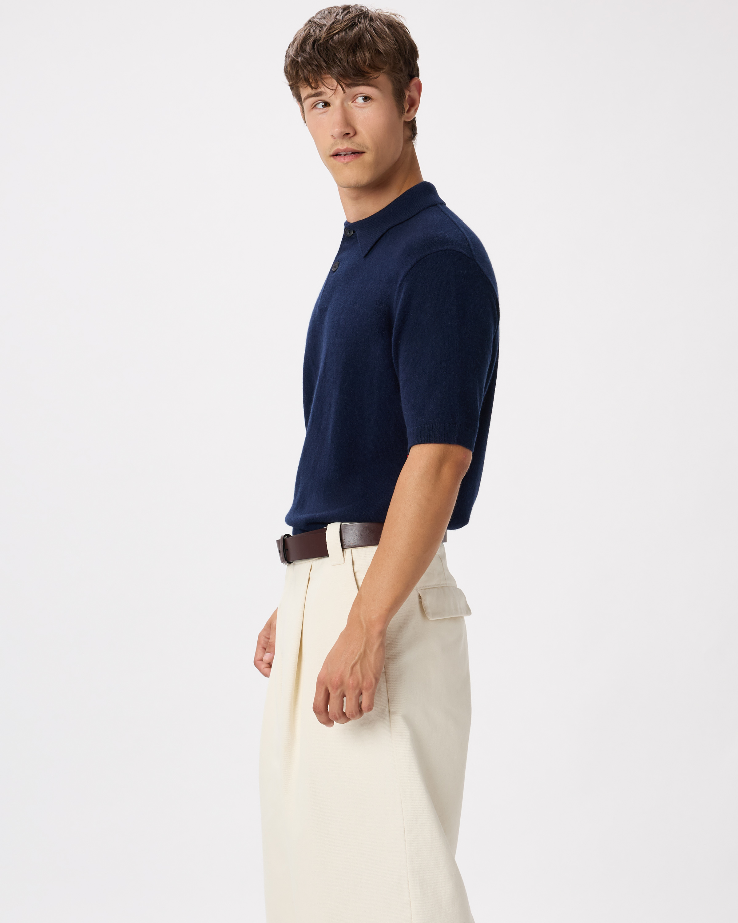 100% Mongolian Cashmere Short Sleeve Polo Sweater in True Navy