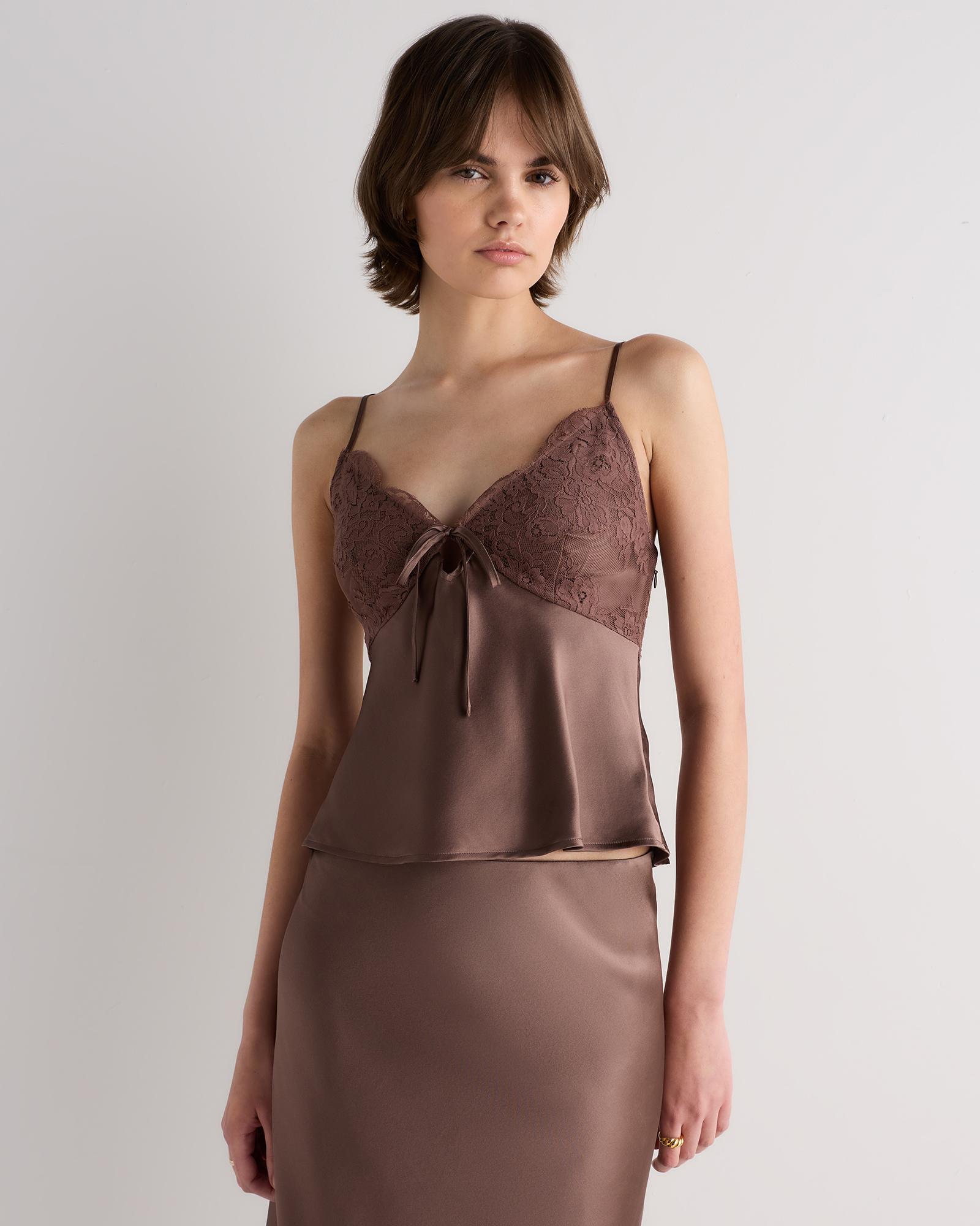 Mink Taupe 100% Washable Silk Lace Cutout Cami