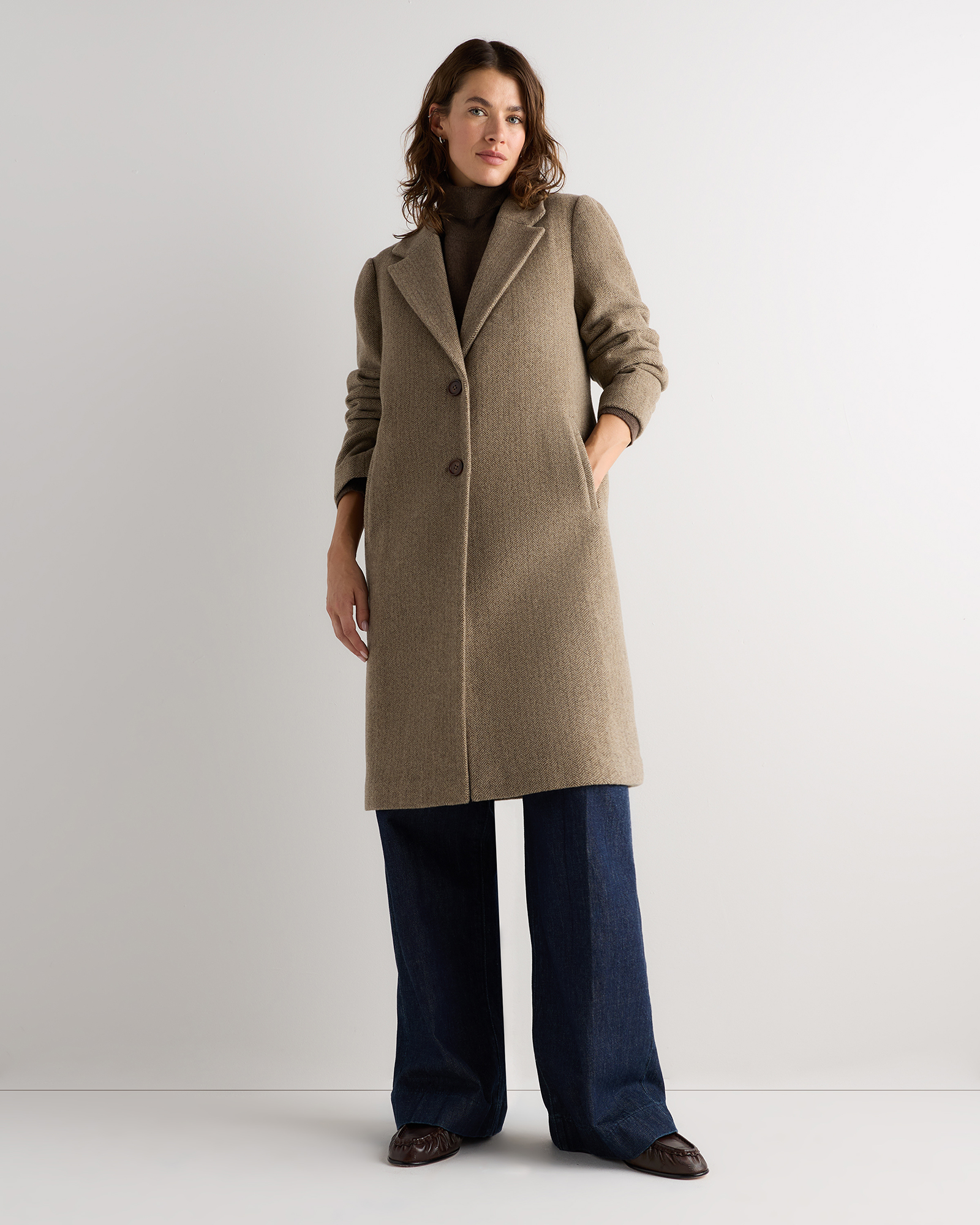 Wool Cashmere Classic Single-Breasted Coat in Brown Herringbone
