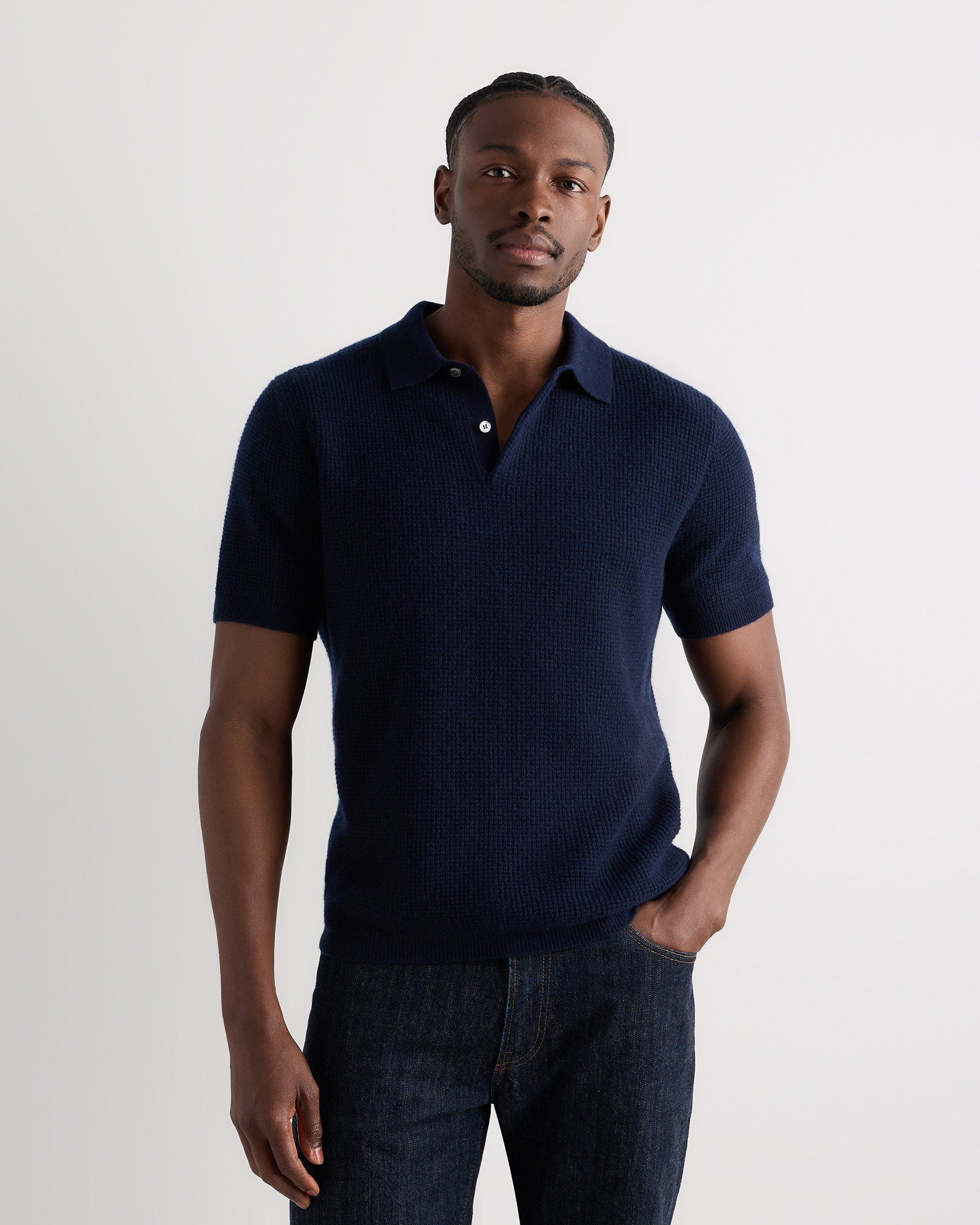 True Navy Mongolian Cashmere Waffle Short Sleeve Polo Sweater