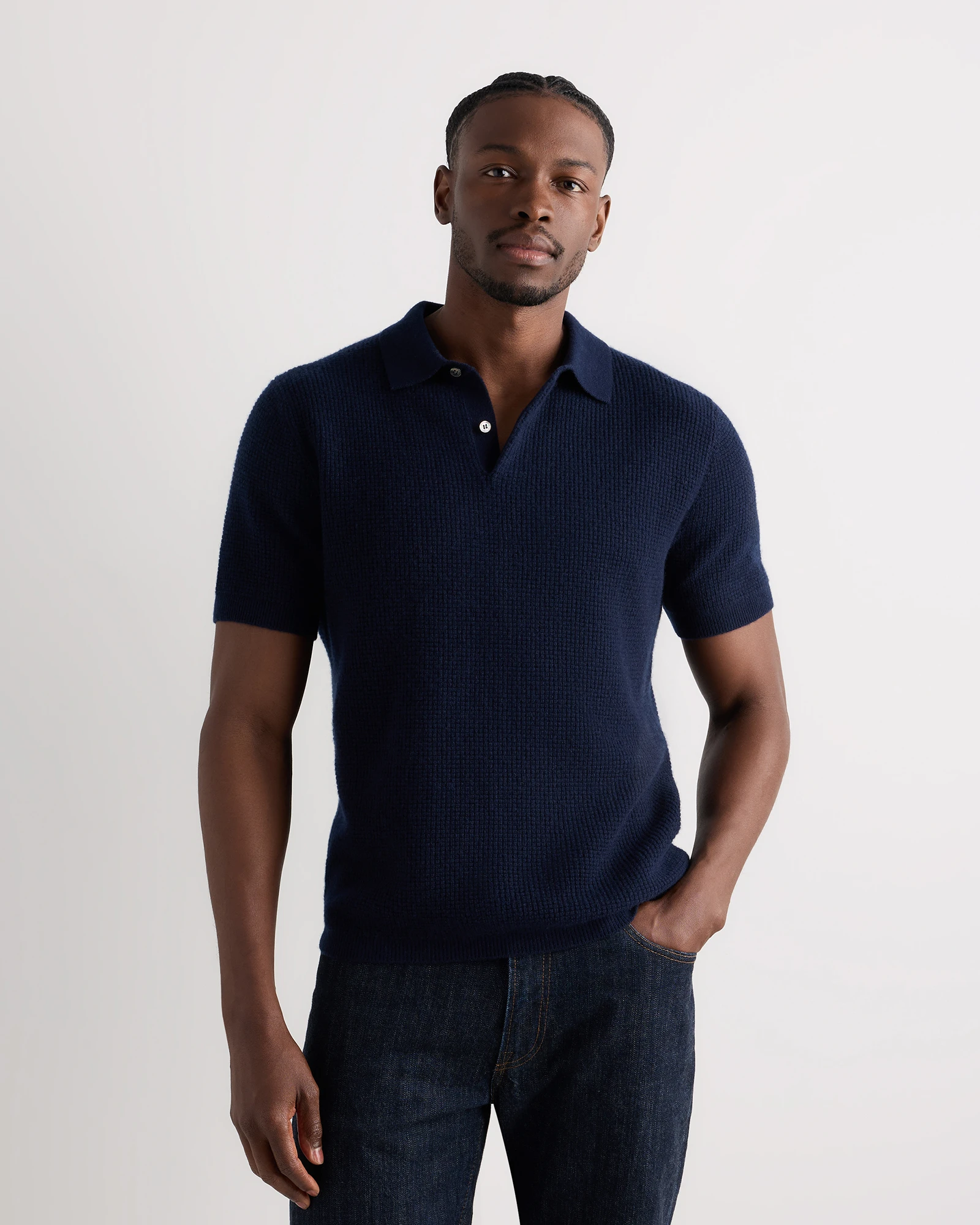 Men's Mongolian Cashmere Waffle Short Sleeve Polo Sweater
