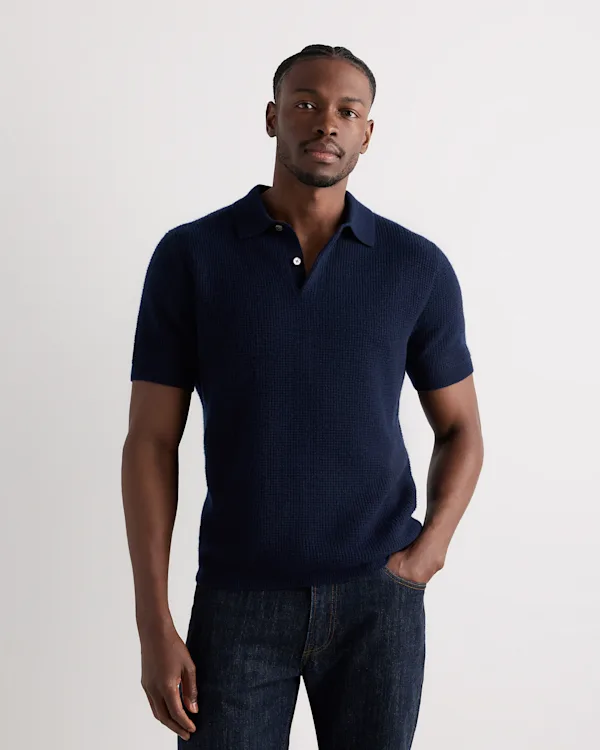 Mongolian Cashmere Waffle Short Sleeve Polo Sweater
