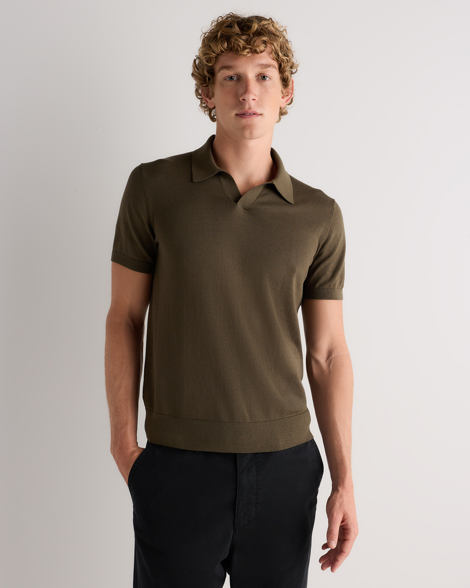 Bayberry Olive Cotton-Silk Johnny Collar Polo