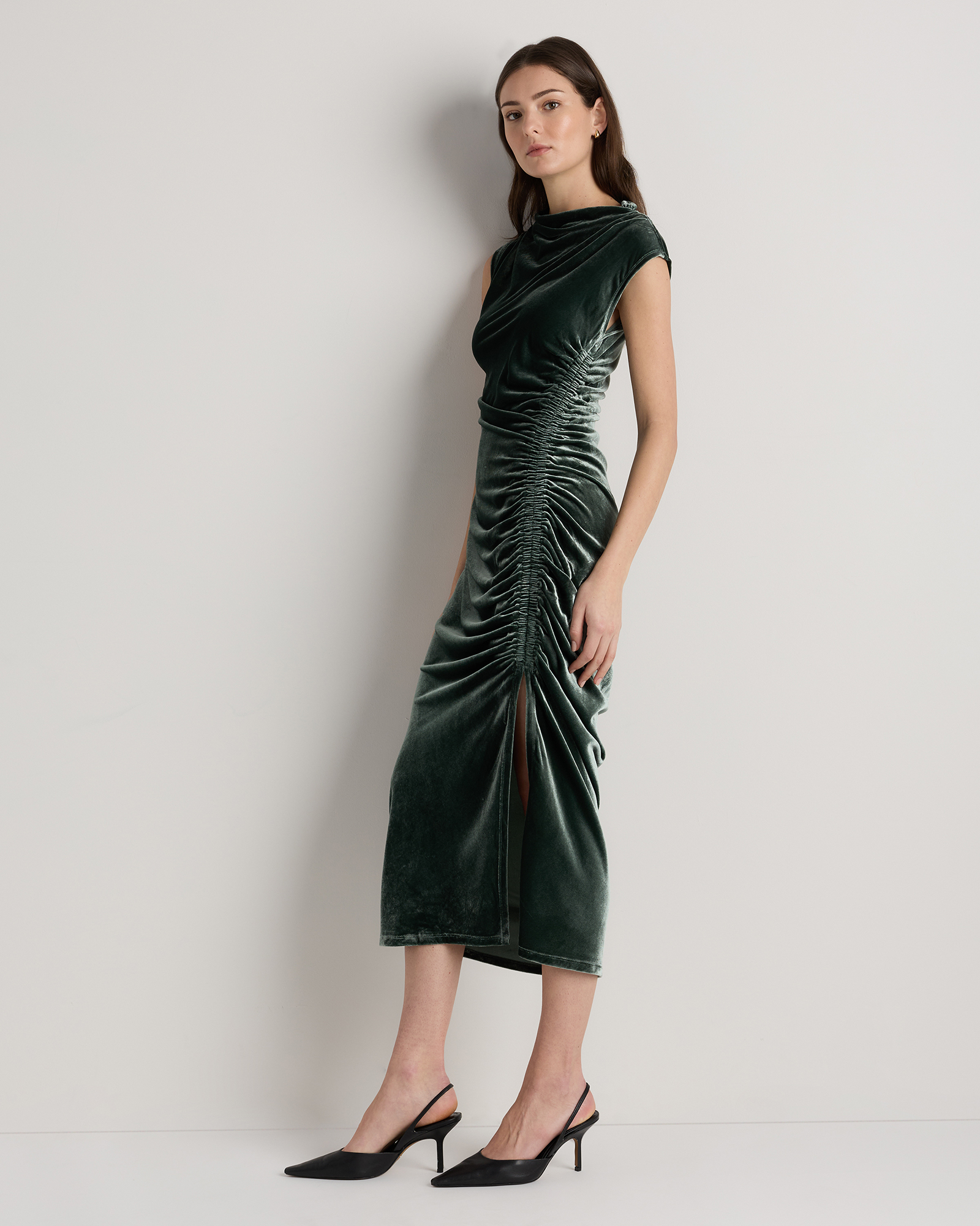 Stretch Silk Velvet Ruched Midi Dress in Forest Green