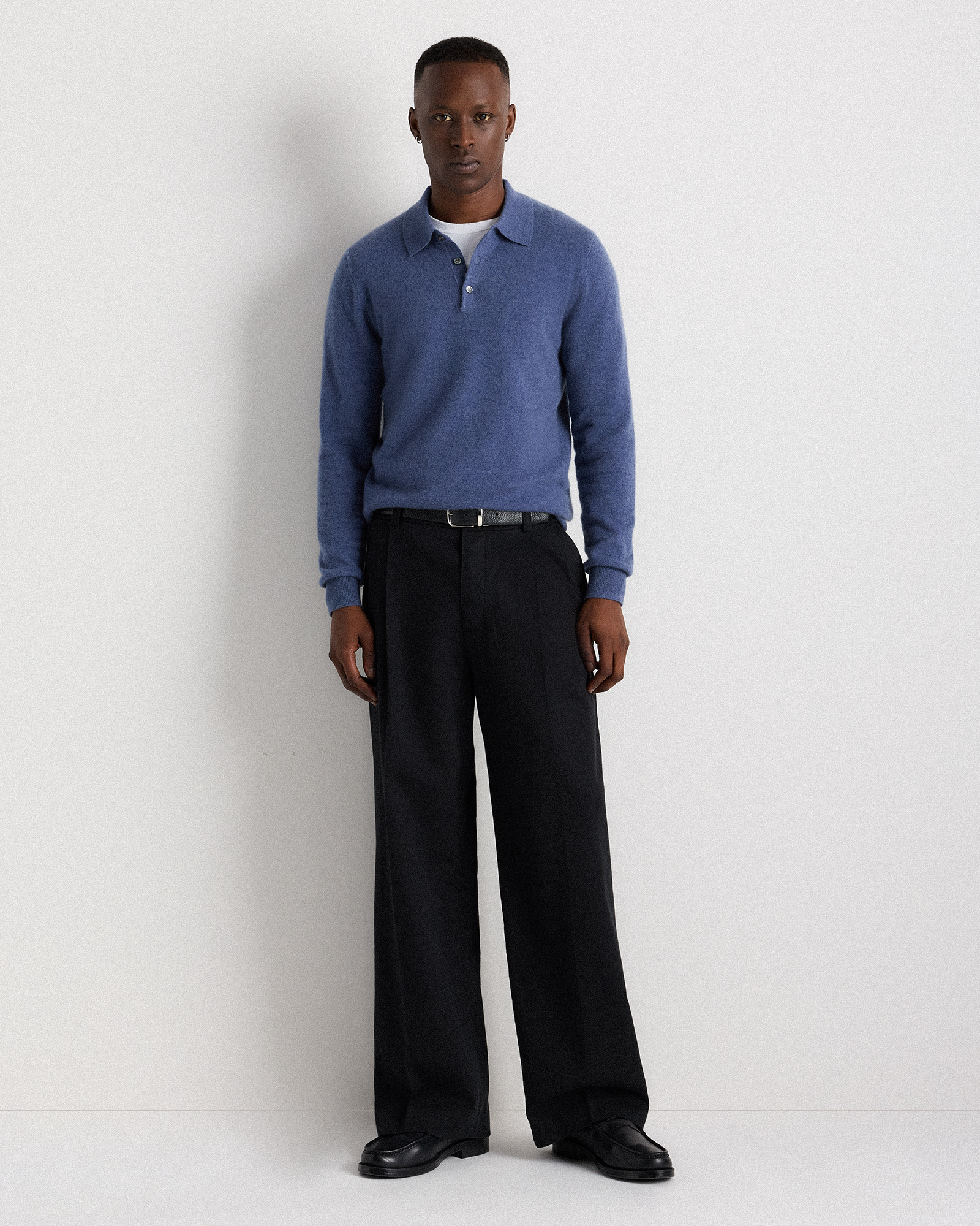 Mongolian Cashmere Polo Sweater in Heather Storm Blue