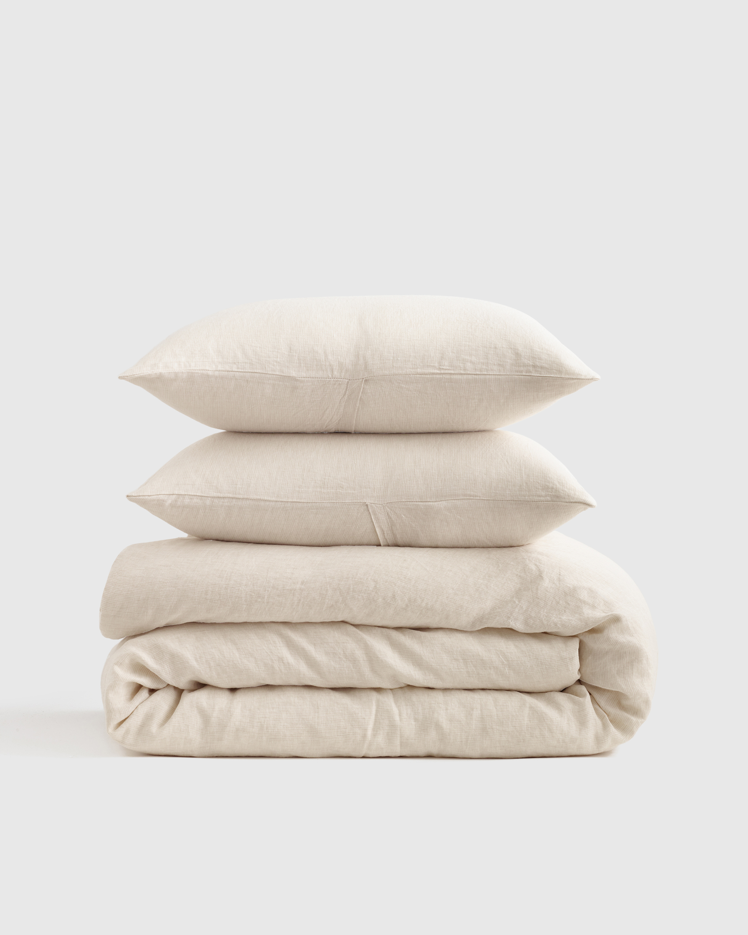 European Linen Duvet Cover Set - With Sham Set, Natural/White Mini Pinstripe